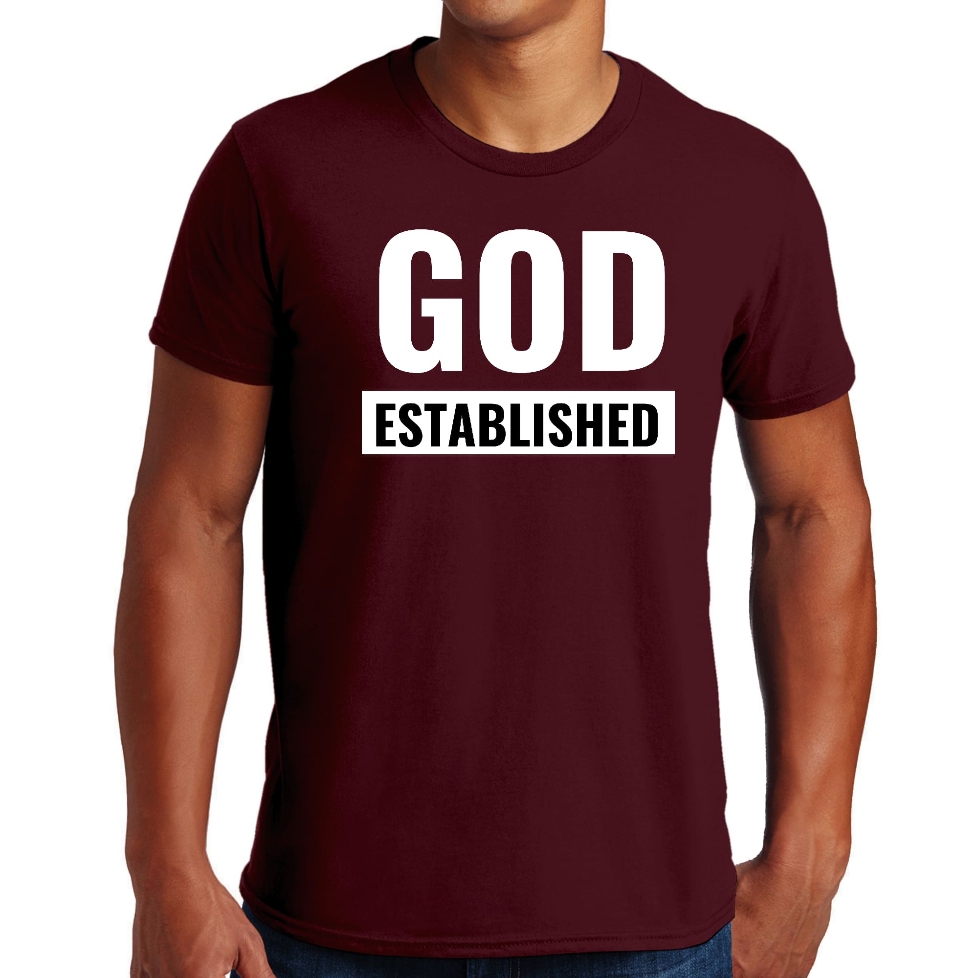 Men's Graphic T-shirt in black featuring 'God Established' white illustration, made from soft preshrunk cotton.