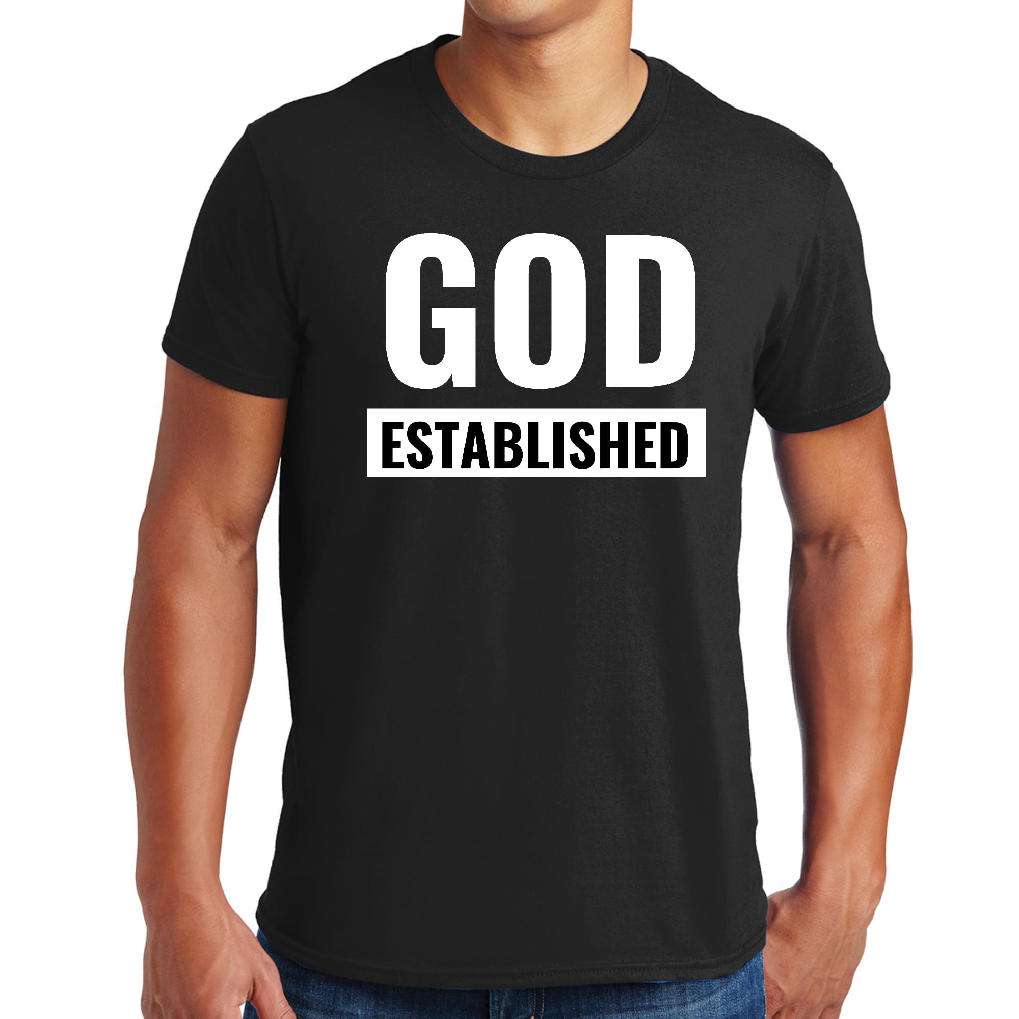 Men's Graphic T-shirt in black featuring 'God Established' white illustration, made from soft preshrunk cotton.