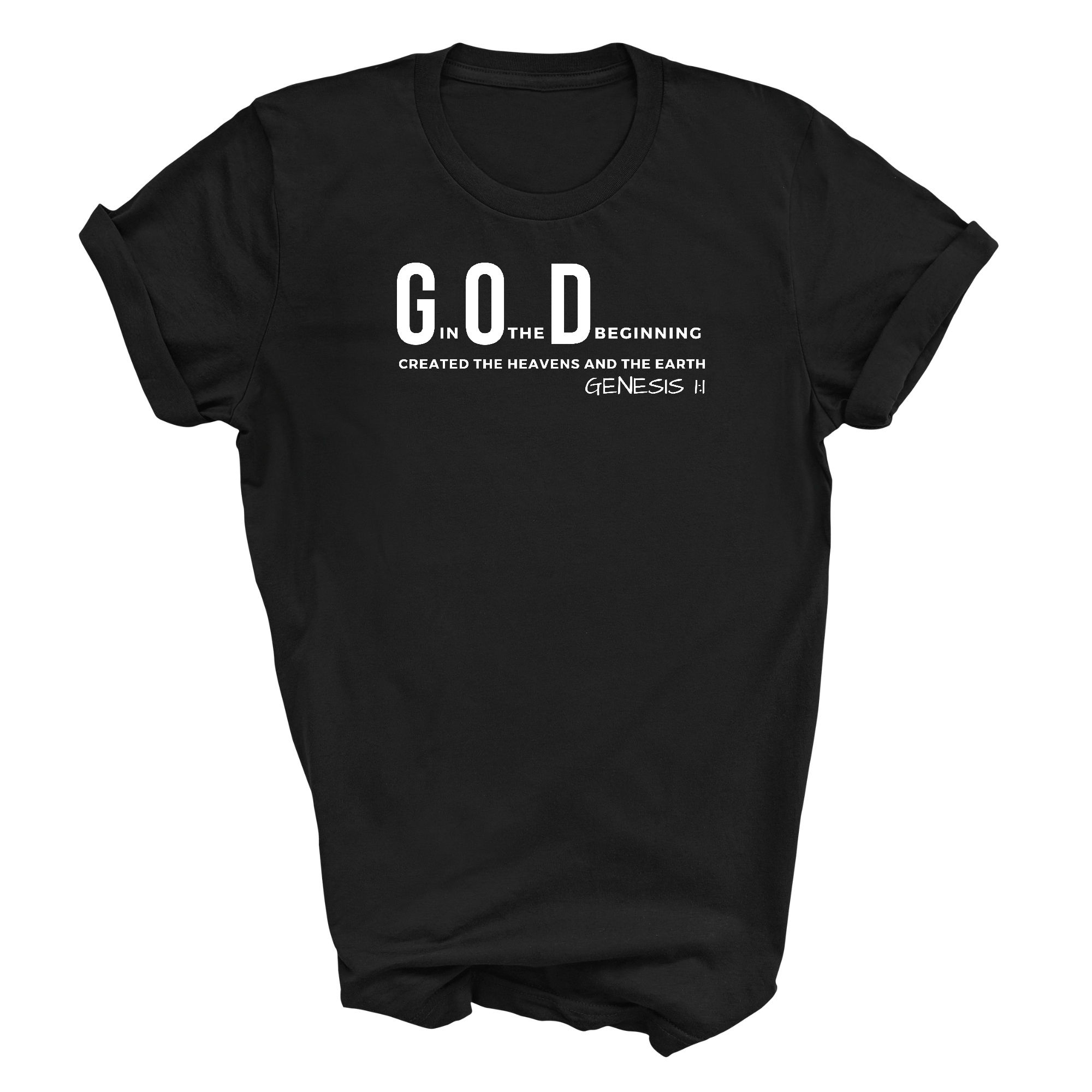 Men's Graphic T-shirt in black featuring 'God in the Beginning' print, made from soft preshrunk cotton, available in sizes S-5XL.