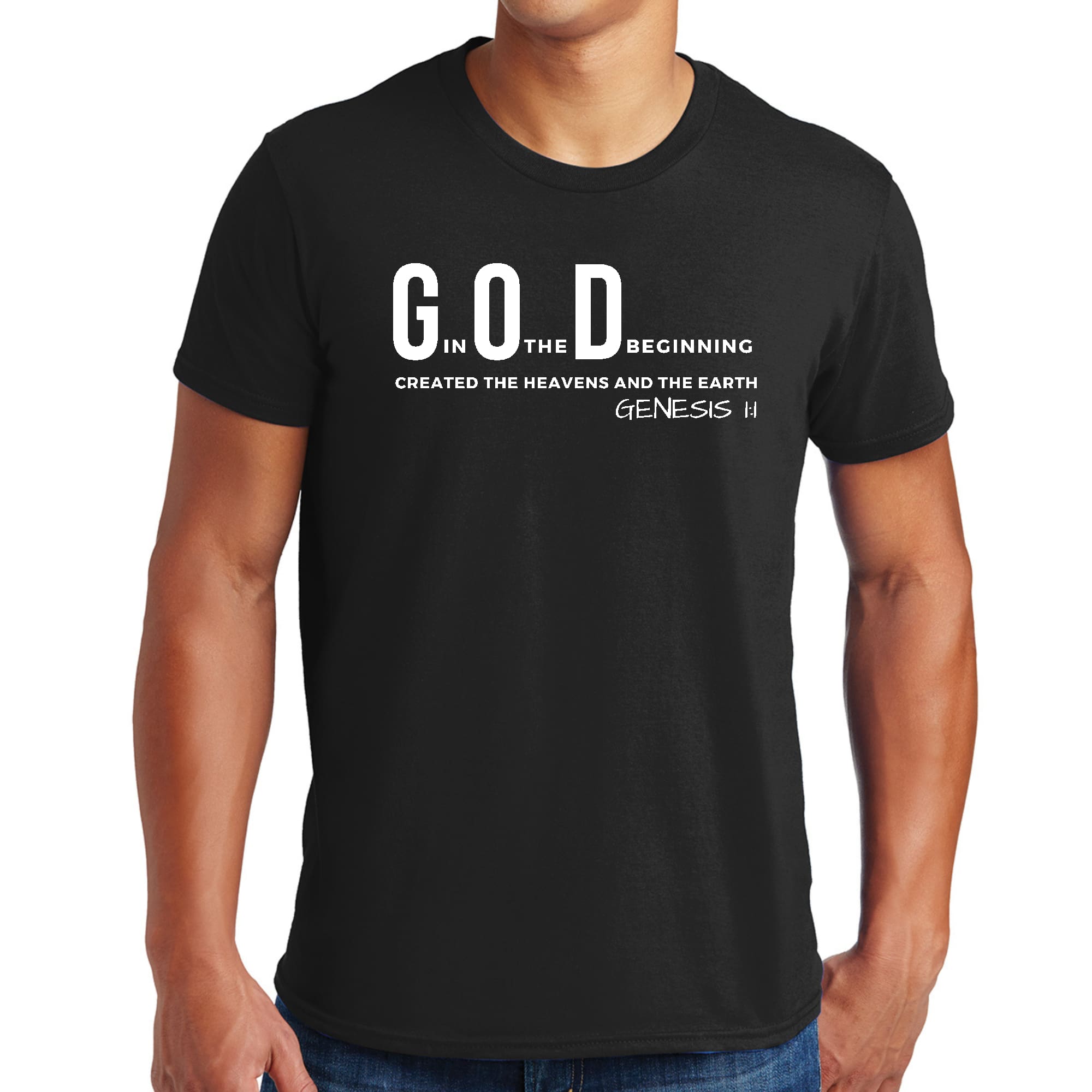 Men's Graphic T-shirt in black featuring 'God in the Beginning' print, made from soft preshrunk cotton, available in sizes S-5XL.