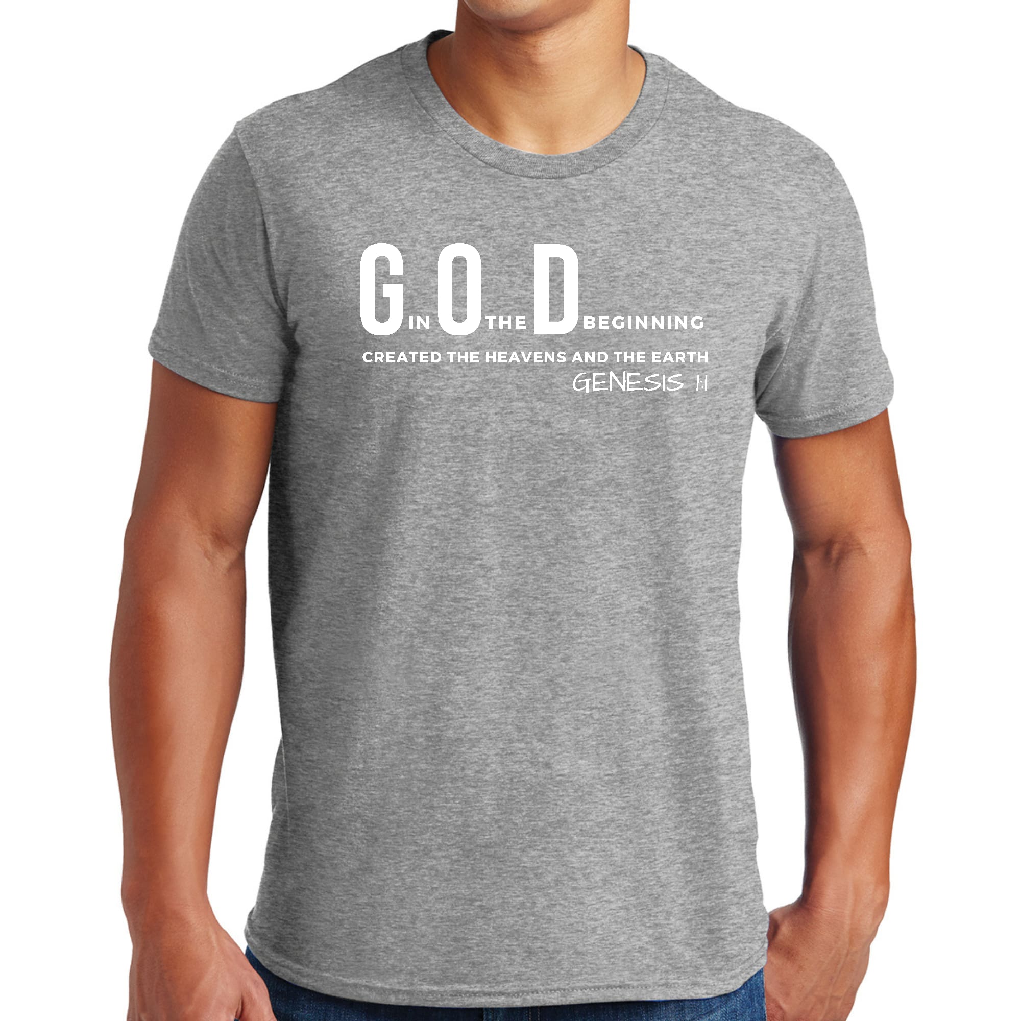 Men's Graphic T-shirt in black featuring 'God in the Beginning' print, made from soft preshrunk cotton, available in sizes S-5XL.