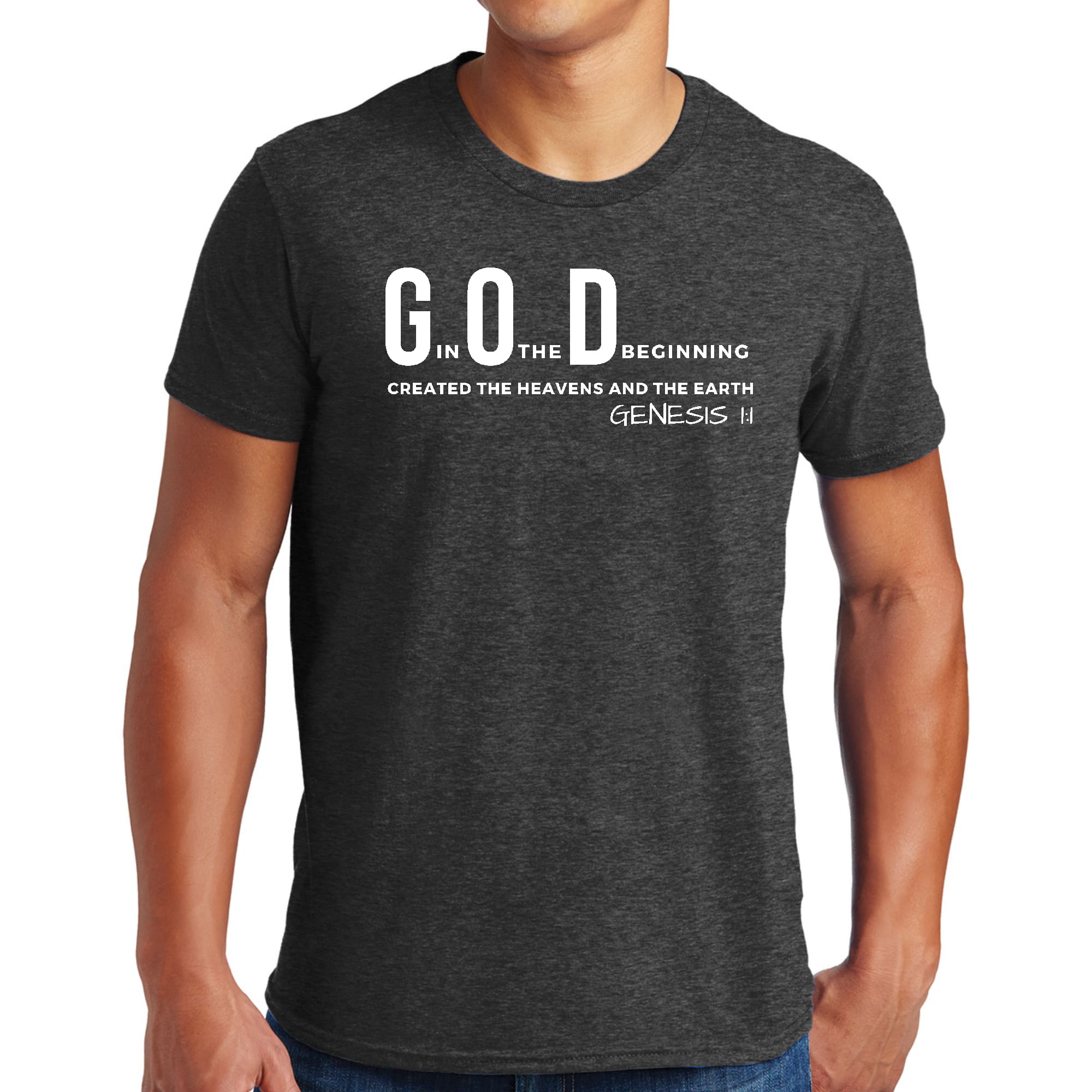 Men's Graphic T-shirt in black featuring 'God in the Beginning' print, made from soft preshrunk cotton, available in sizes S-5XL.