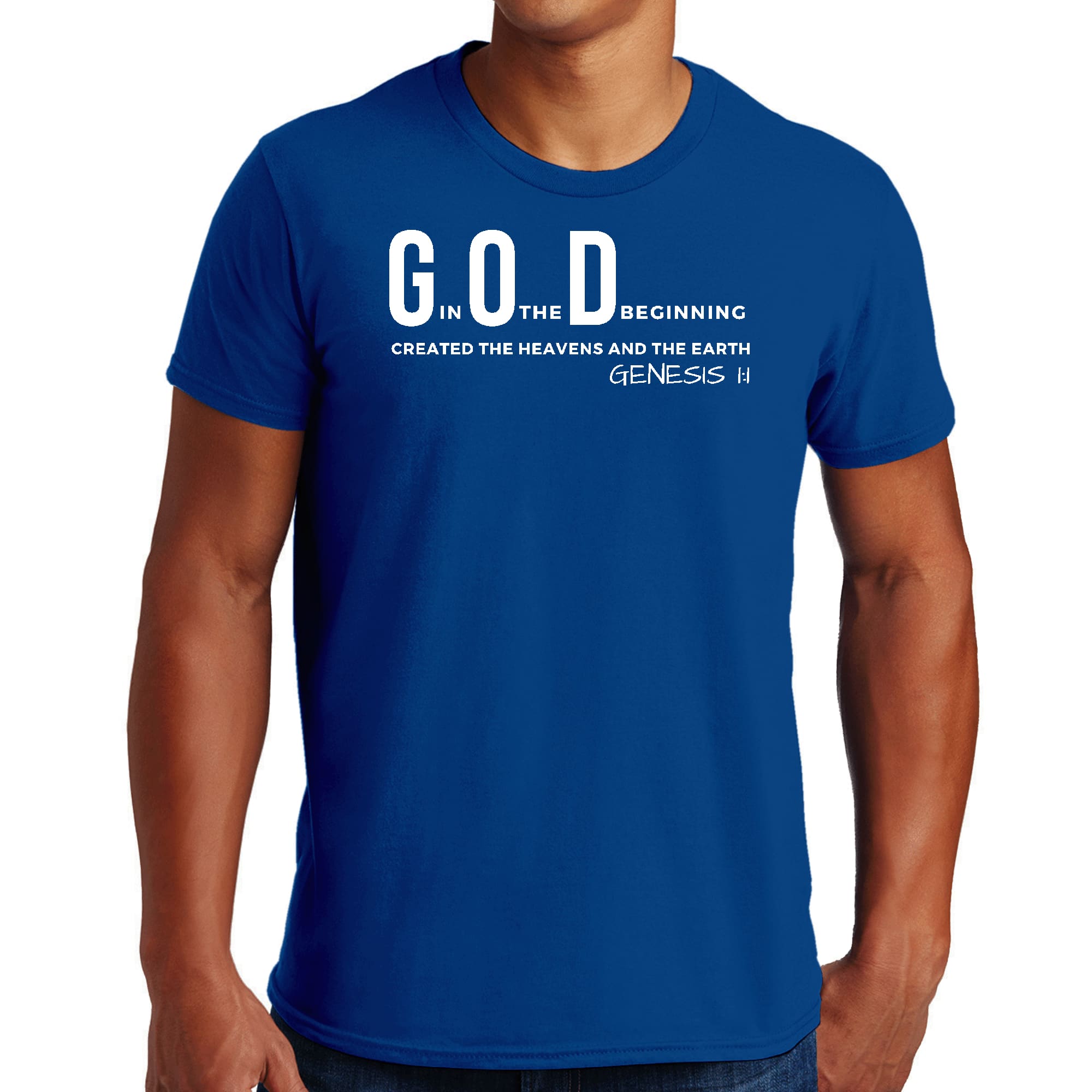 Men's Graphic T-shirt in black featuring 'God in the Beginning' print, made from soft preshrunk cotton, available in sizes S-5XL.