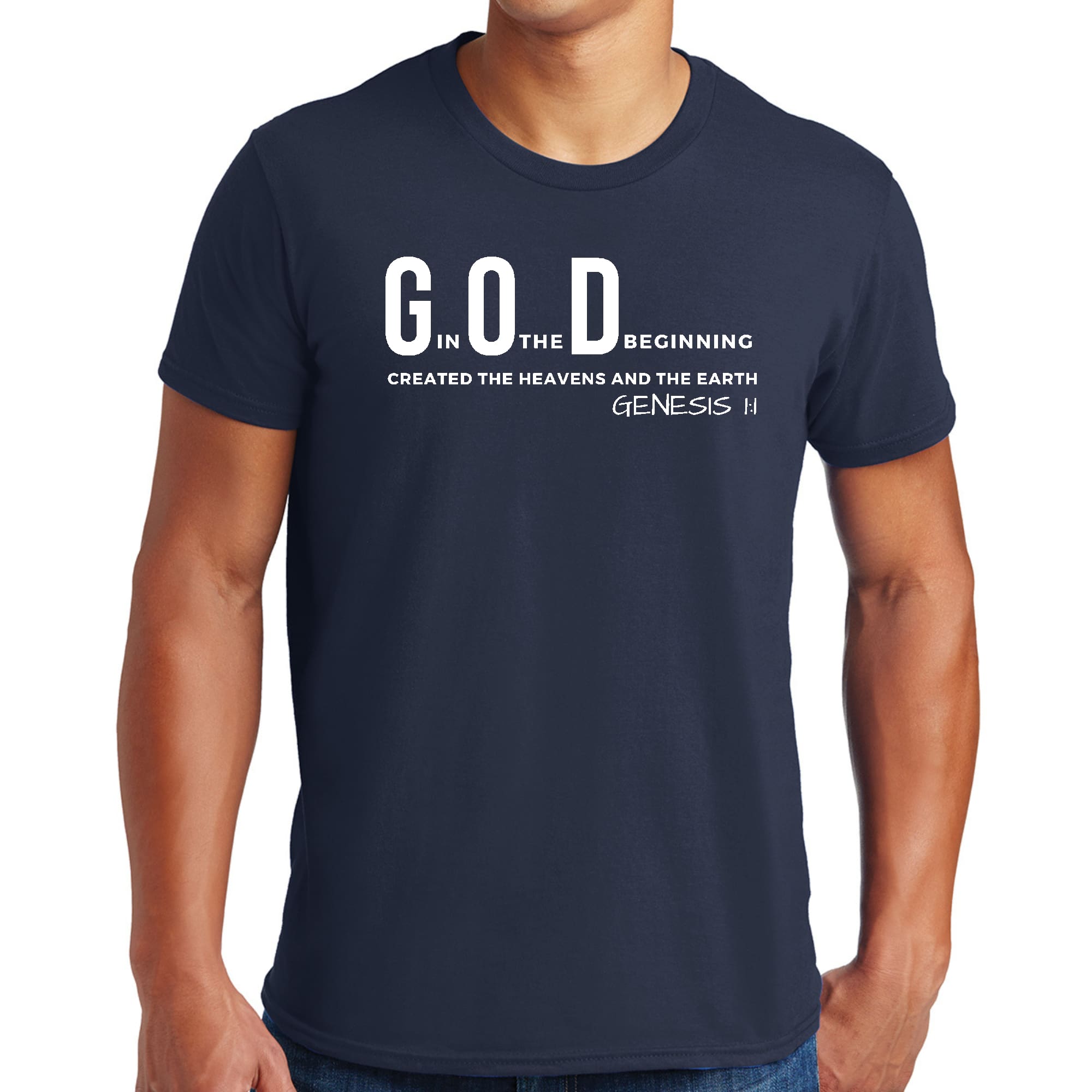 Men's Graphic T-shirt in black featuring 'God in the Beginning' print, made from soft preshrunk cotton, available in sizes S-5XL.