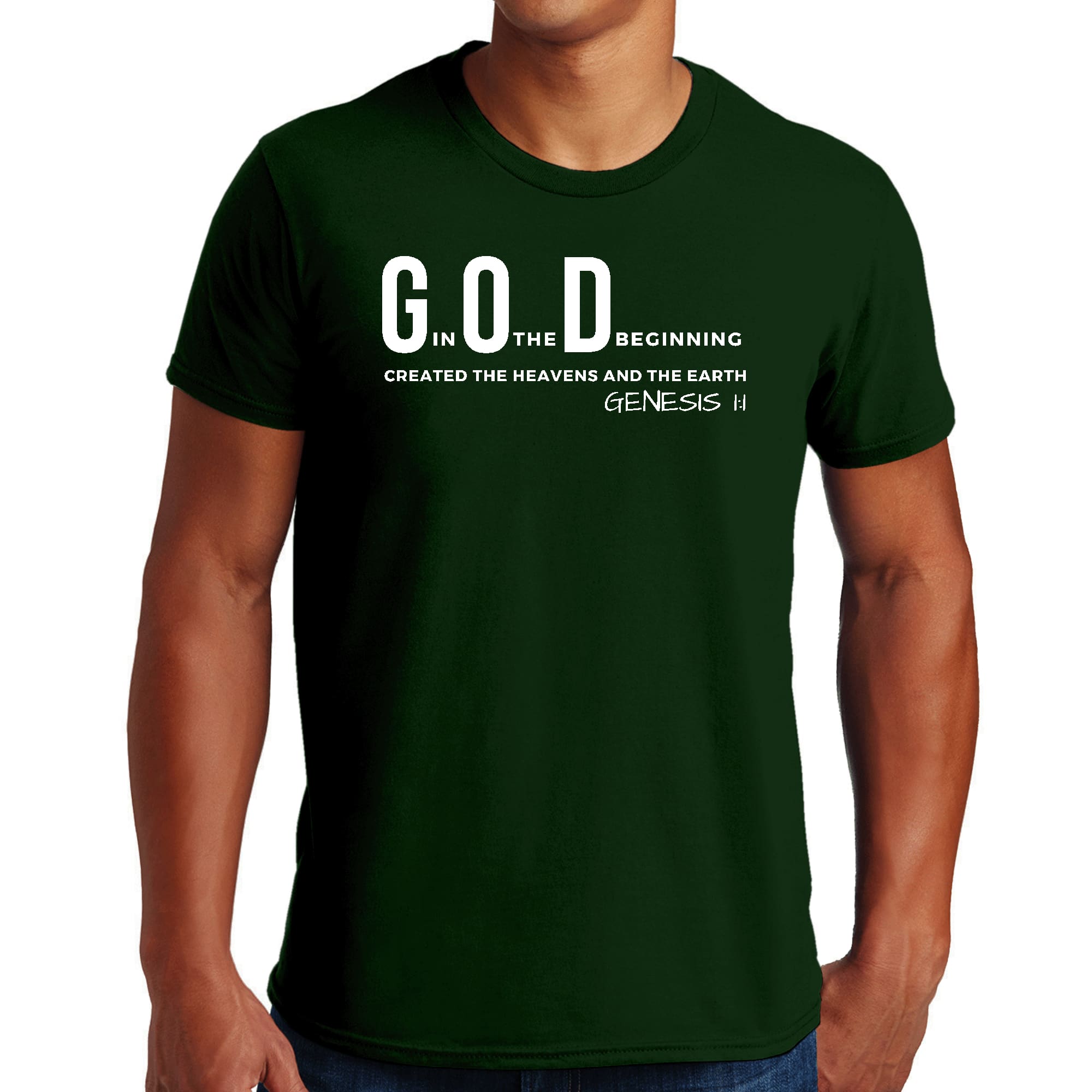 Men's Graphic T-shirt in black featuring 'God in the Beginning' print, made from soft preshrunk cotton, available in sizes S-5XL.