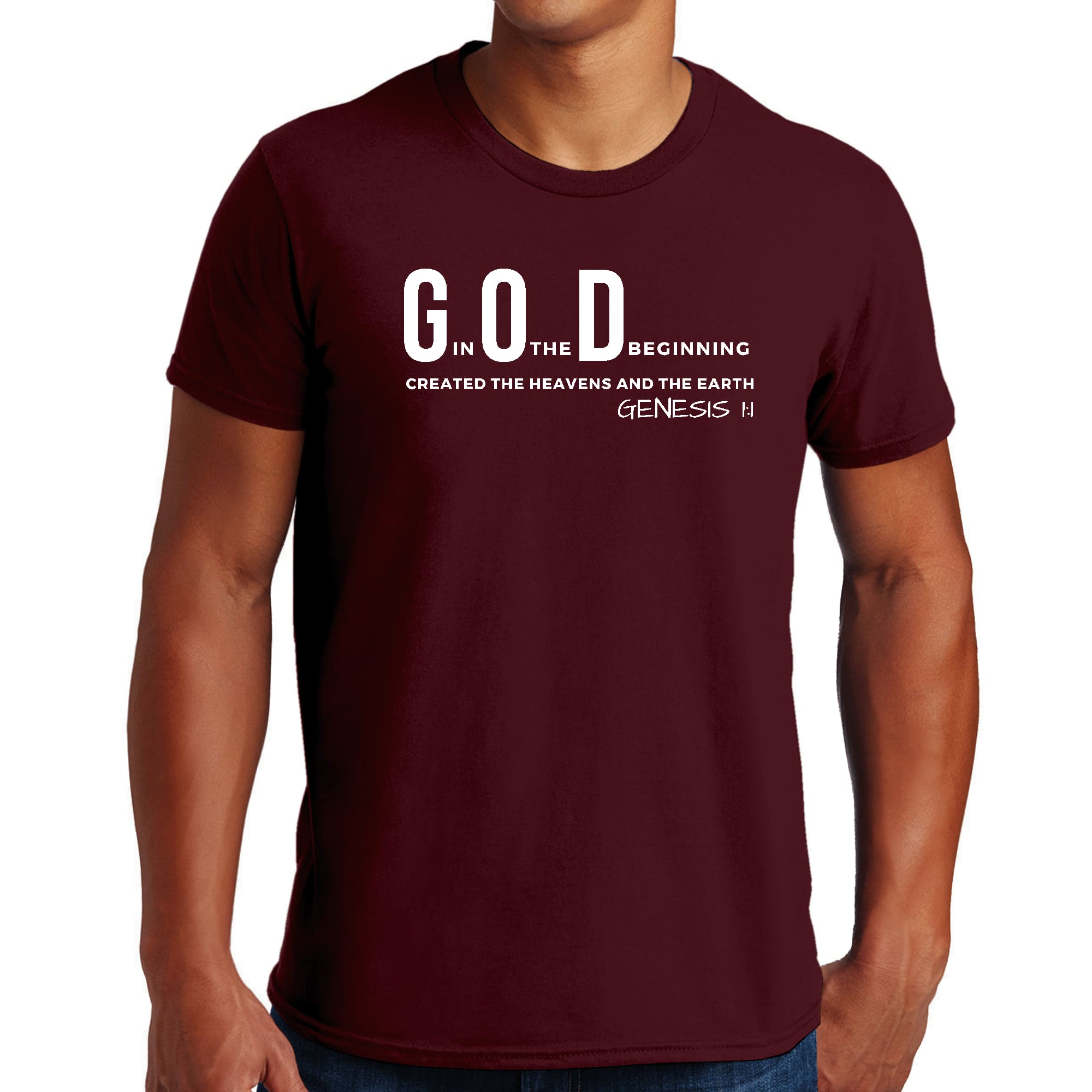 Men's Graphic T-shirt in black featuring 'God in the Beginning' print, made from soft preshrunk cotton, available in sizes S-5XL.