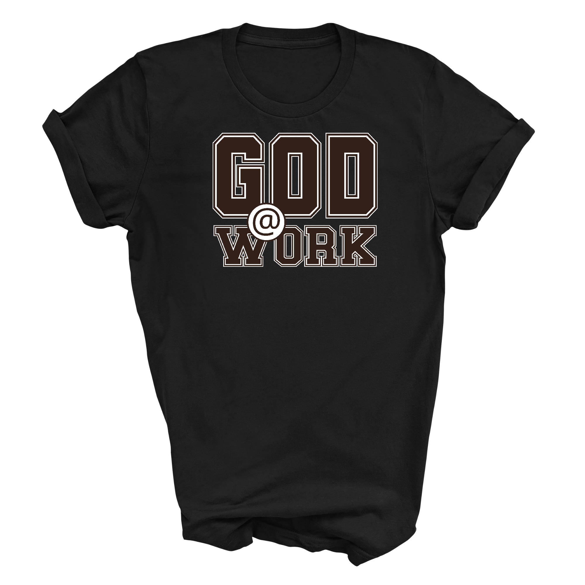 Men's Graphic T-shirt featuring 'God @ Work' in brown and white print, made from soft preshrunk cotton.