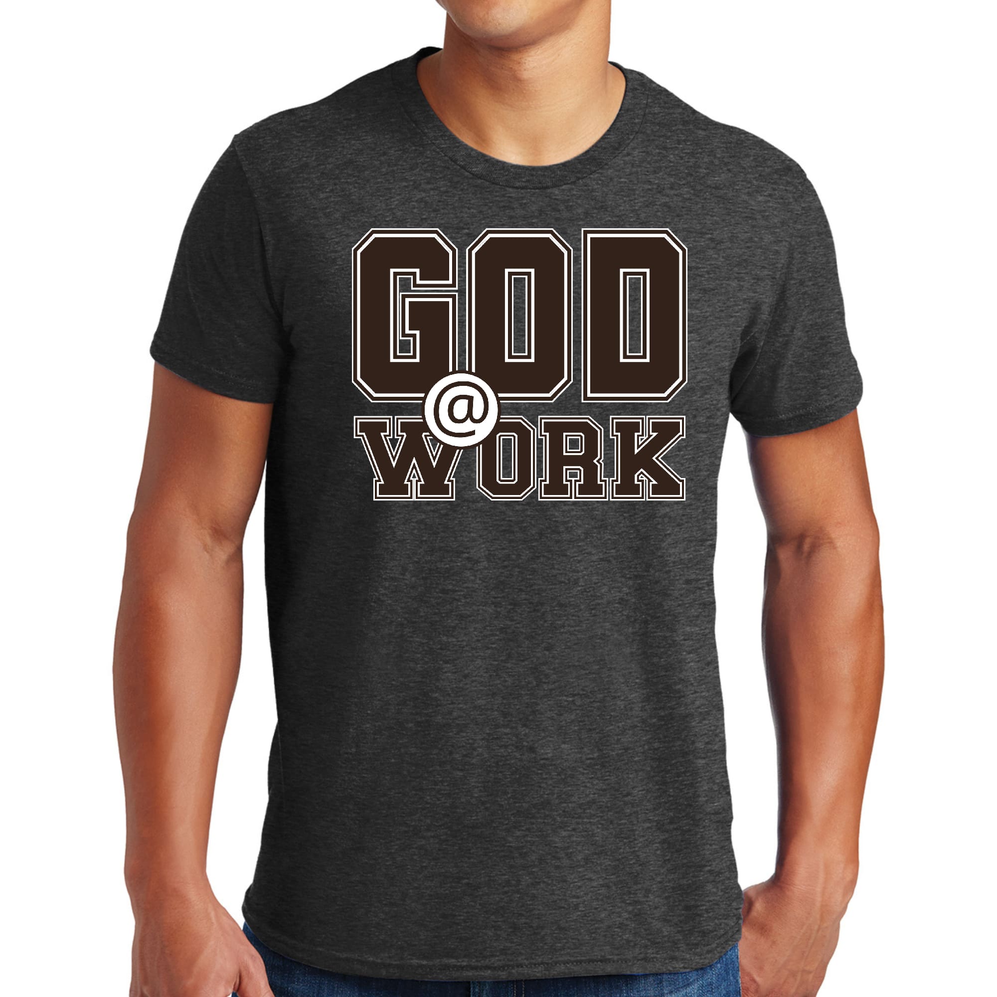 Men's Graphic T-shirt featuring 'God @ Work' in brown and white print, made from soft preshrunk cotton.