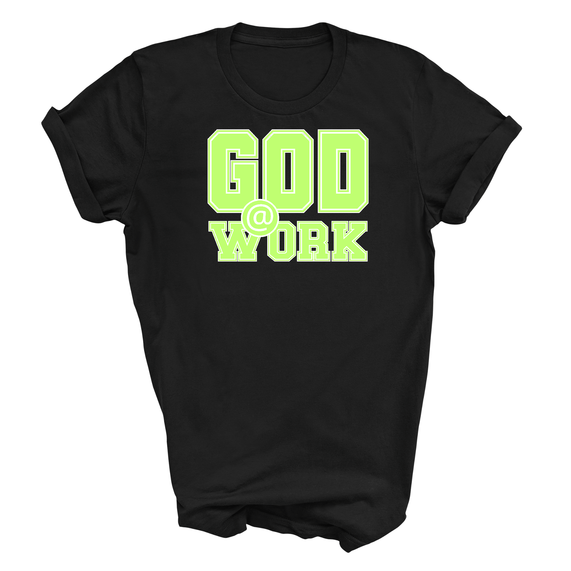 Men's Graphic T-shirt in neon green and white with 'God @ Work' print, showcasing a comfortable fit and stylish design.