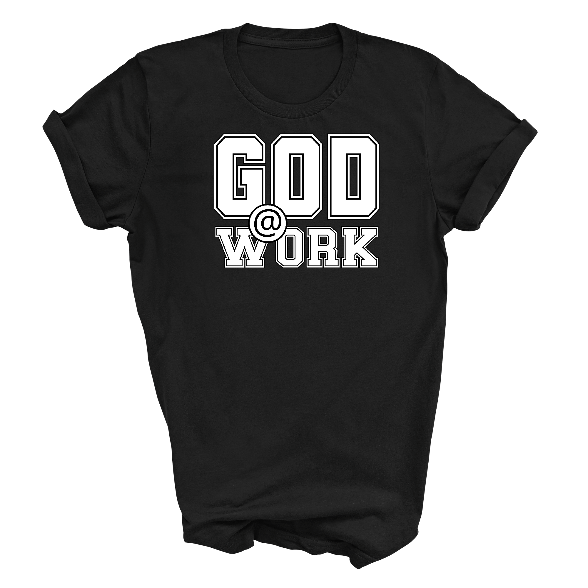 Men's Graphic T-shirt in black featuring 'God @ Work' white print, made from soft preshrunk cotton, available in sizes S-5XL.