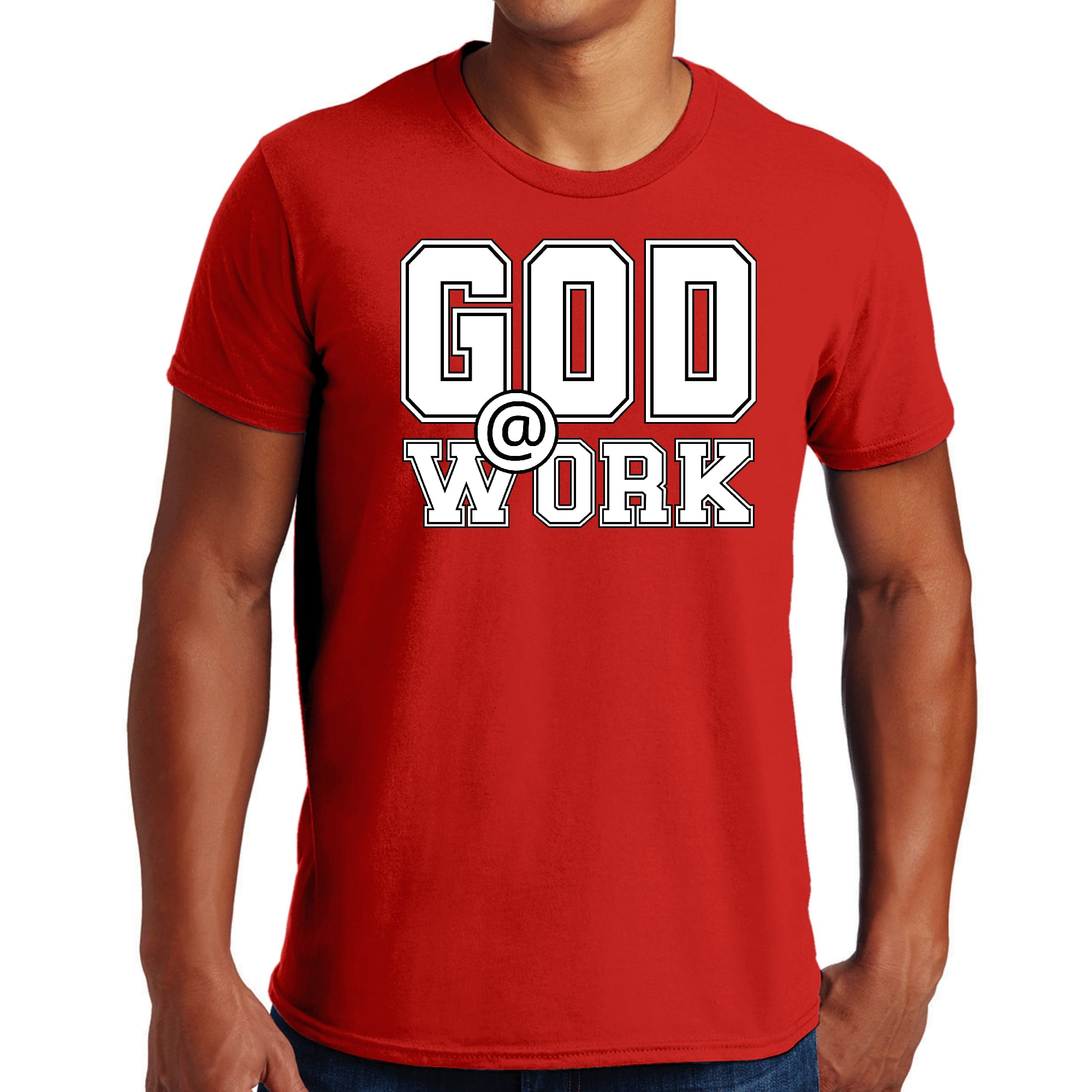 Men's Graphic T-shirt in black featuring 'God @ Work' white print, made from soft preshrunk cotton, available in sizes S-5XL.