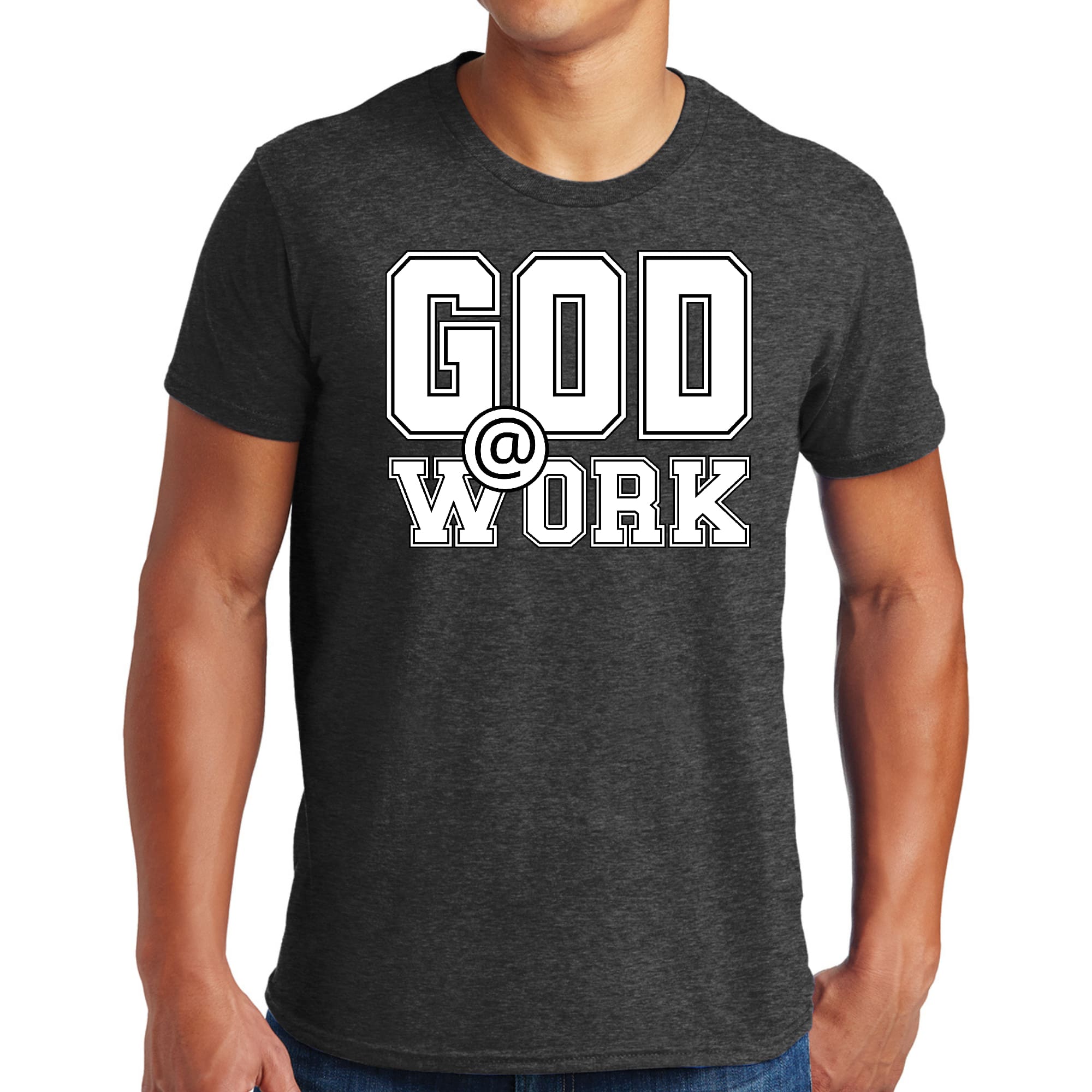 Men's Graphic T-shirt in black featuring 'God @ Work' white print, made from soft preshrunk cotton, available in sizes S-5XL.