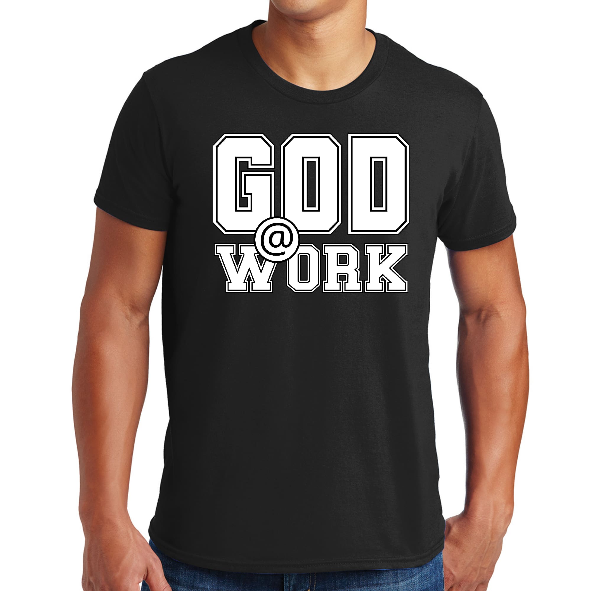 Men's Graphic T-shirt in black featuring 'God @ Work' white print, made from soft preshrunk cotton, available in sizes S-5XL.