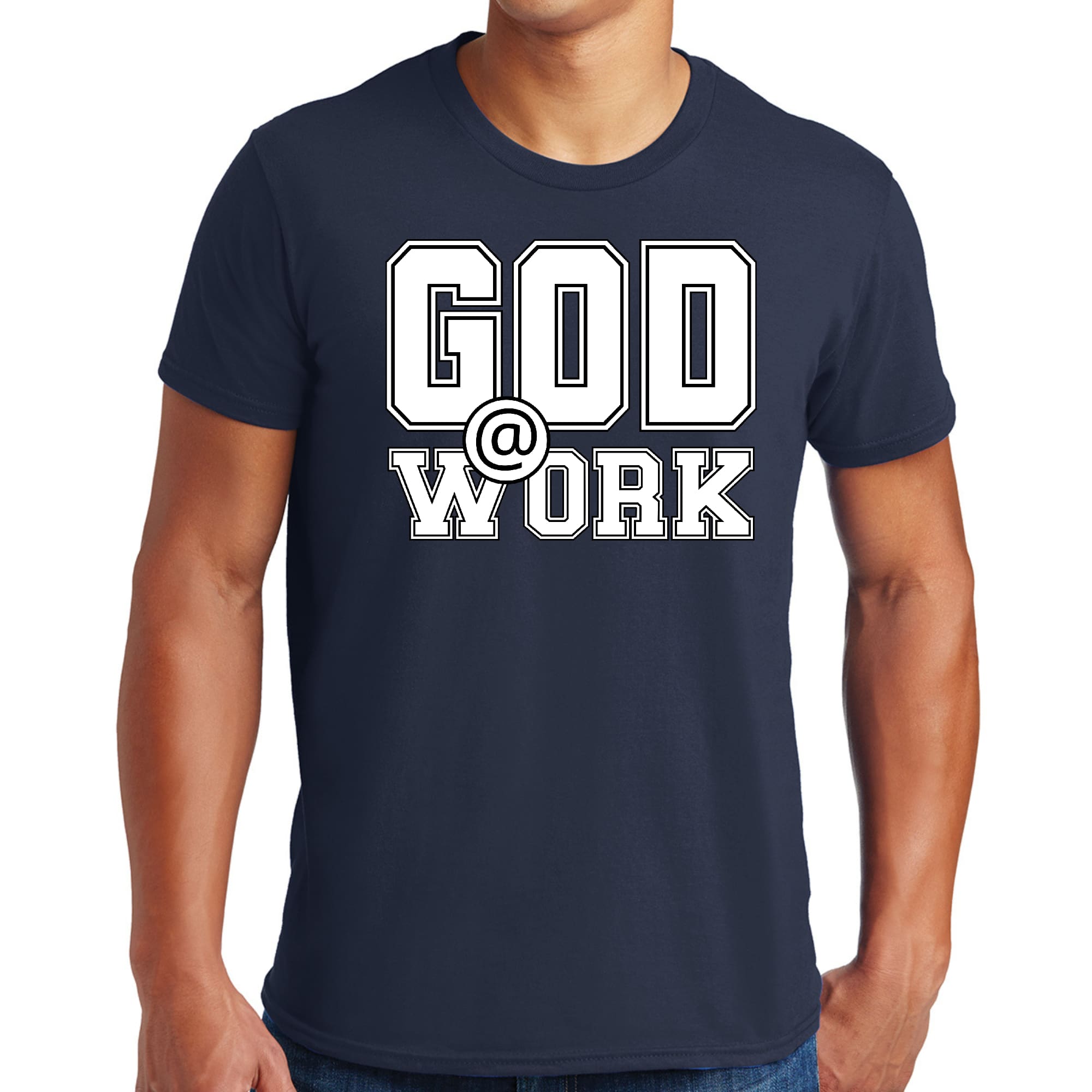 Men's Graphic T-shirt in black featuring 'God @ Work' white print, made from soft preshrunk cotton, available in sizes S-5XL.