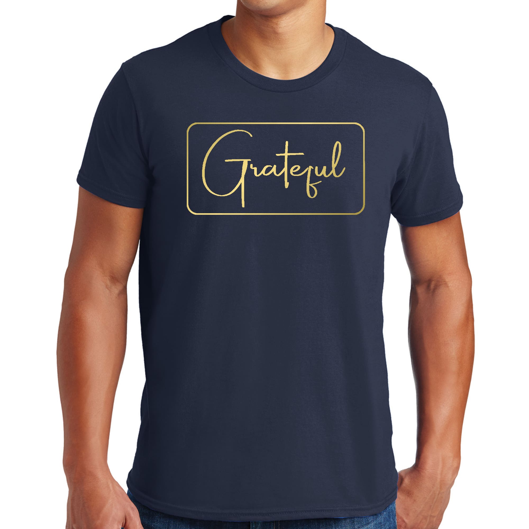 Men's Graphic T-shirt featuring a Grateful design with a metallic gold illustration on a black background, showcasing its stylish and comfortable fit.