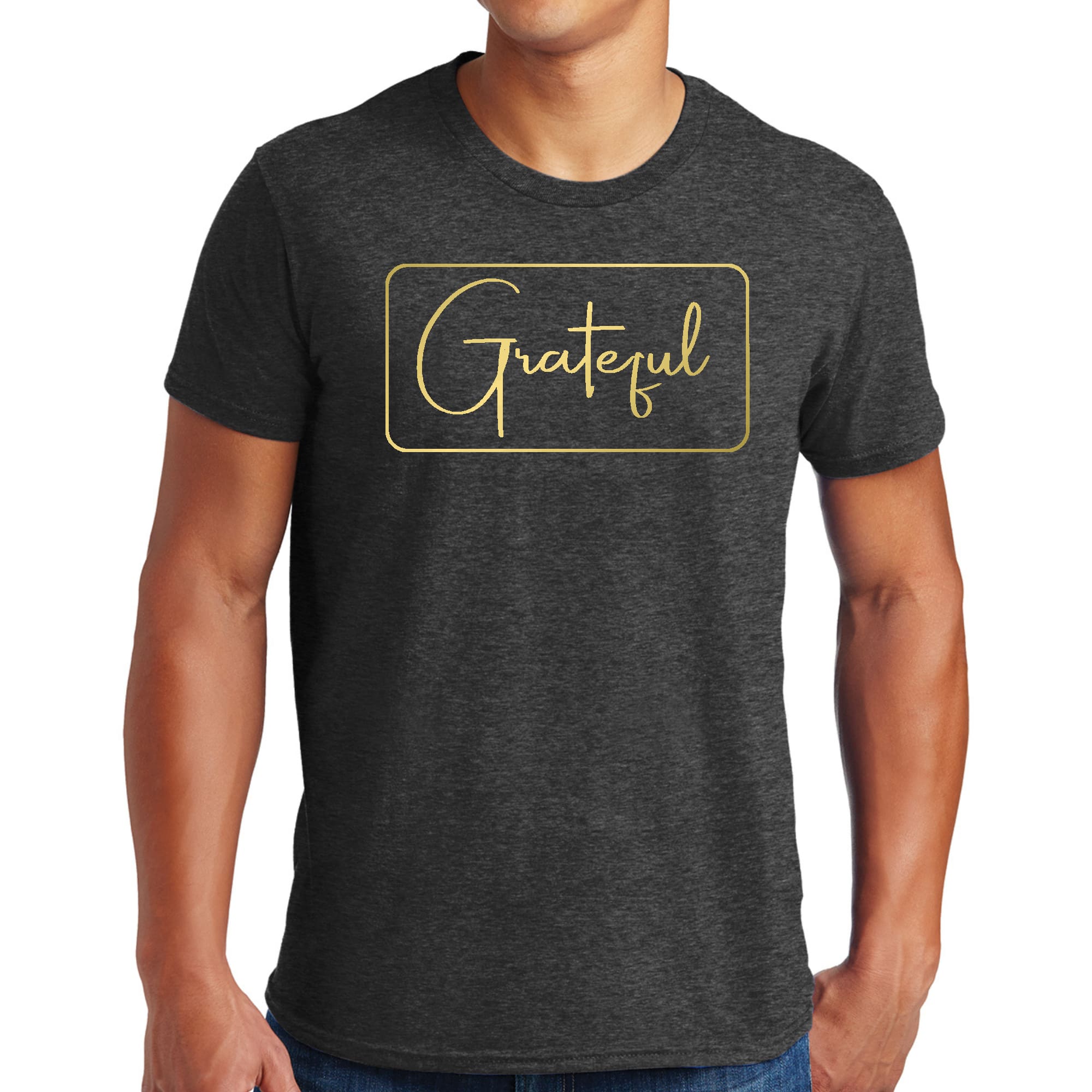 Men's Graphic T-shirt featuring a Grateful design with a metallic gold illustration on a black background, showcasing its stylish and comfortable fit.