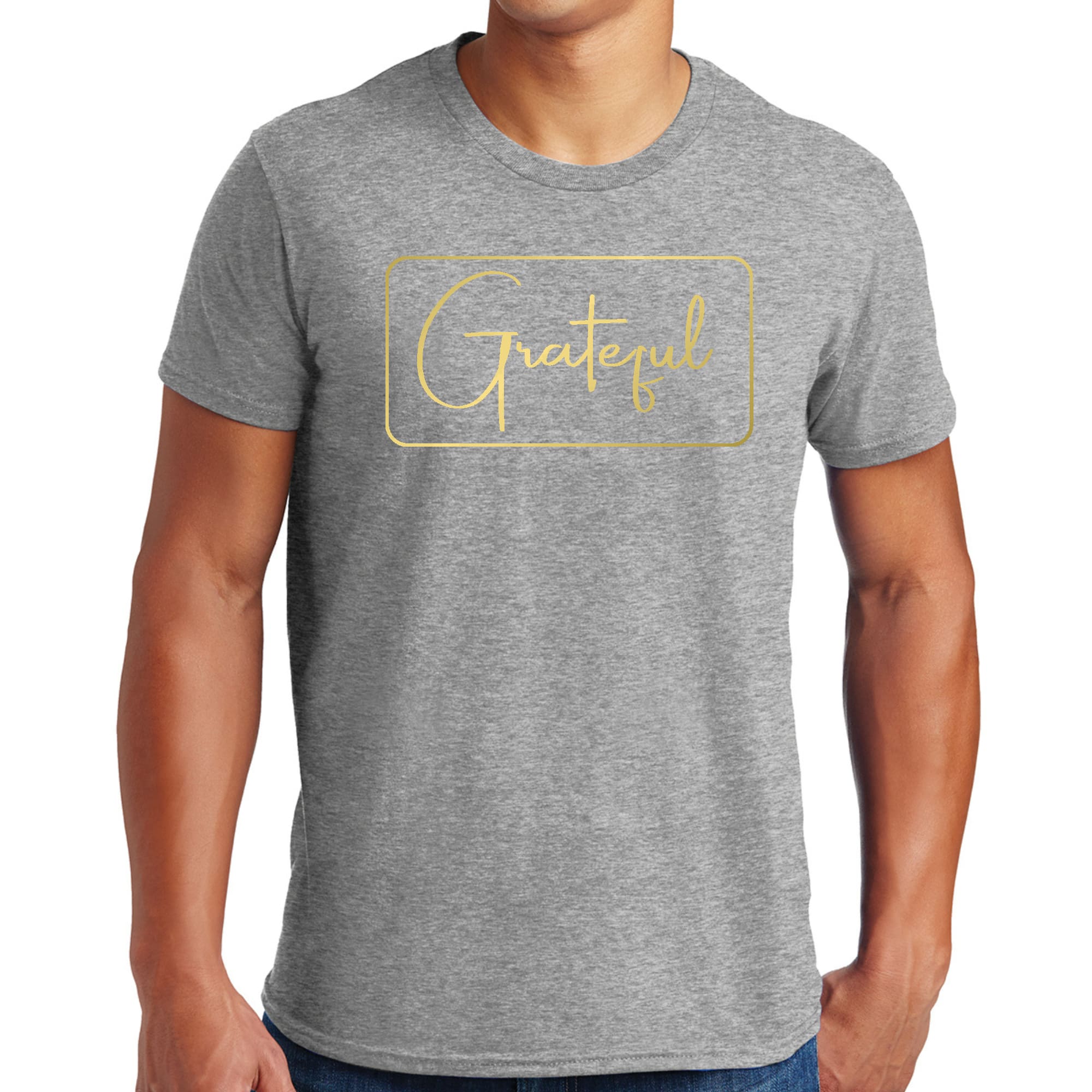 Men's Graphic T-shirt featuring a Grateful design with a metallic gold illustration on a black background, showcasing its stylish and comfortable fit.