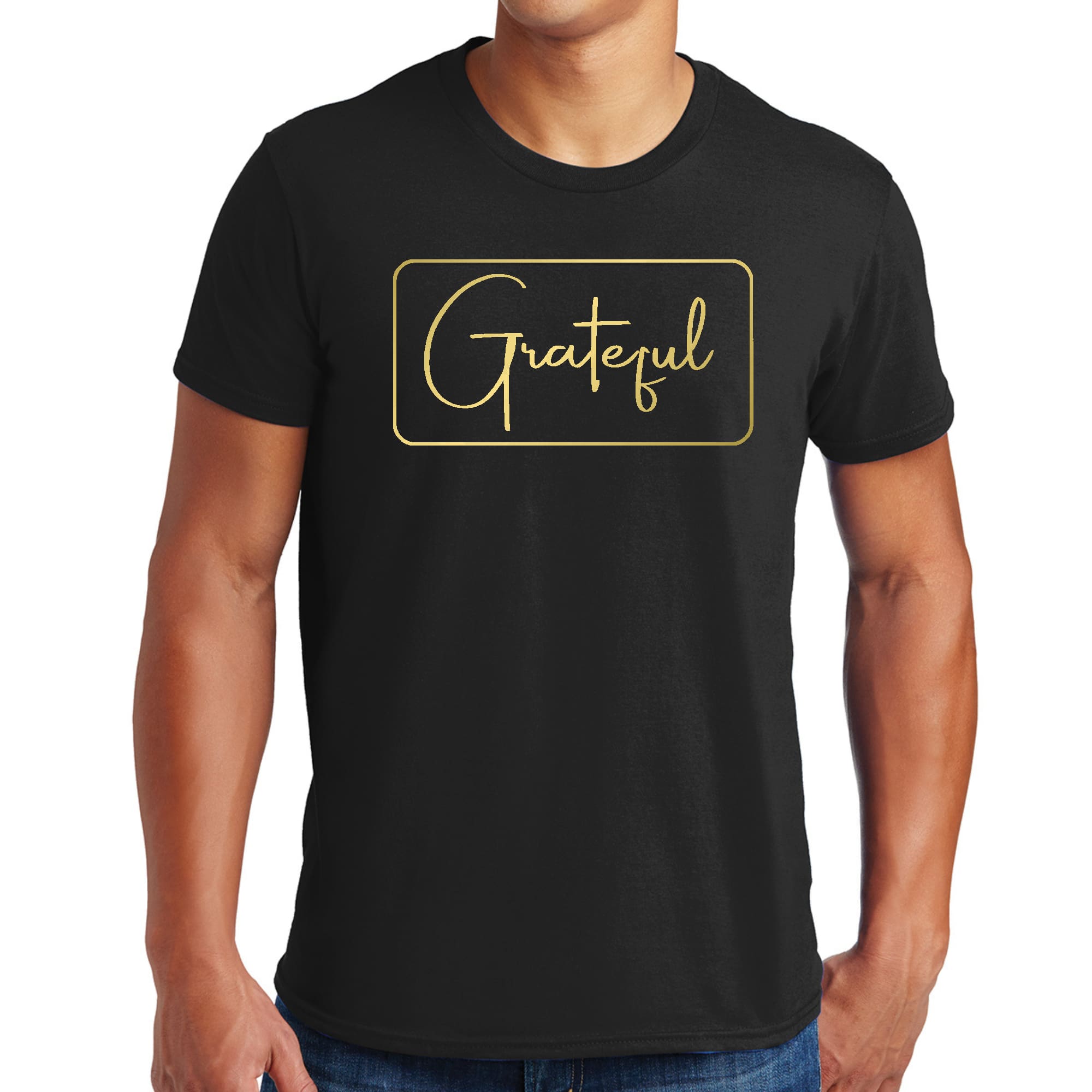 Men's Graphic T-shirt featuring a Grateful design with a metallic gold illustration on a black background, showcasing its stylish and comfortable fit.