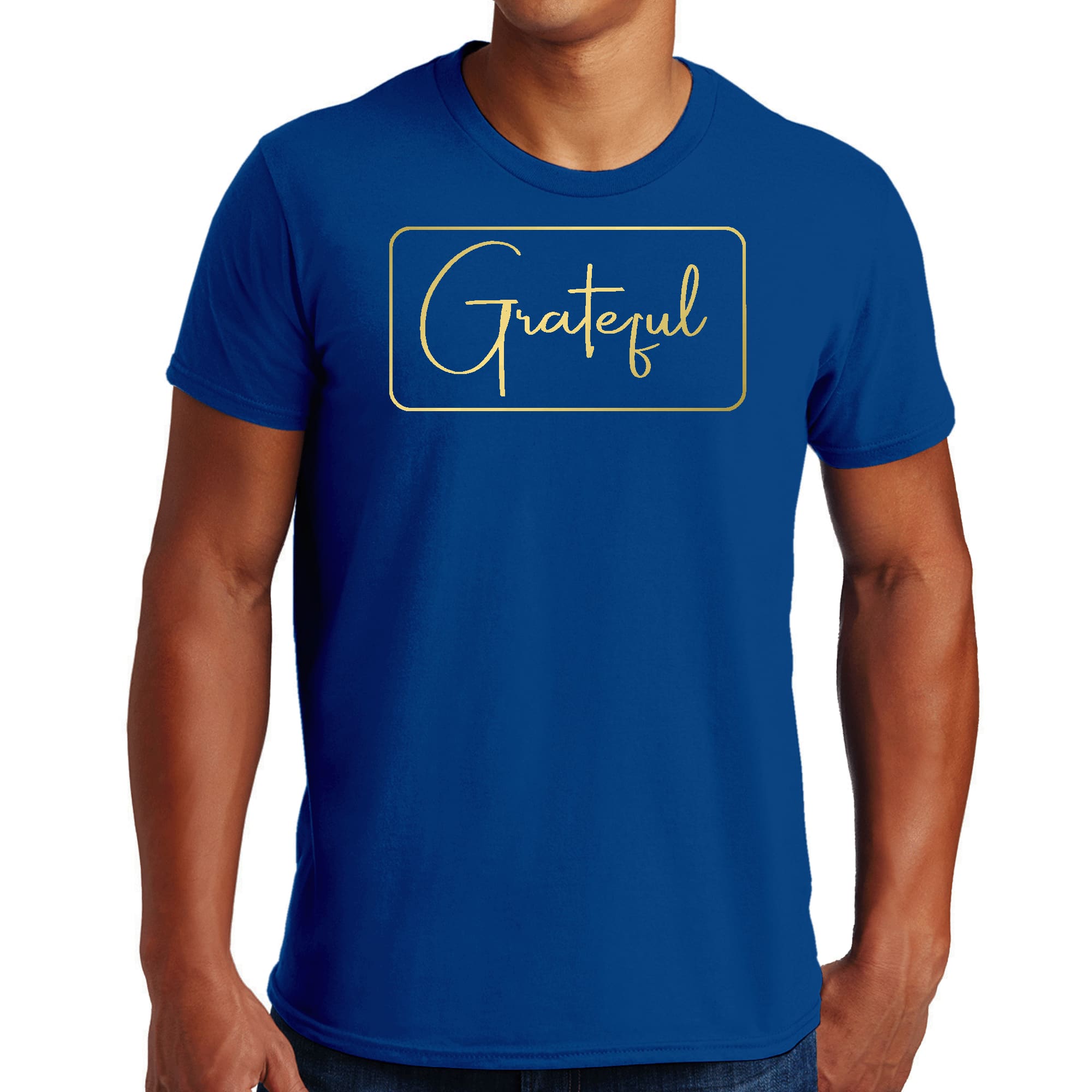 Men's Graphic T-shirt featuring a Grateful design with a metallic gold illustration on a black background, showcasing its stylish and comfortable fit.