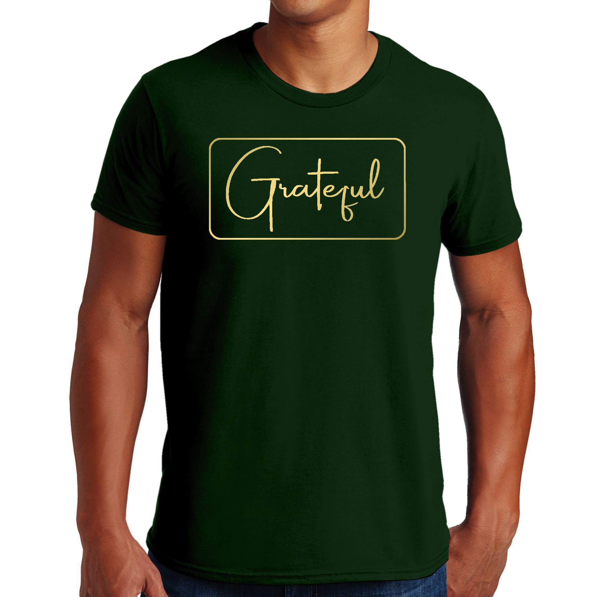 Men's Graphic T-shirt featuring a Grateful design with a metallic gold illustration on a black background, showcasing its stylish and comfortable fit.