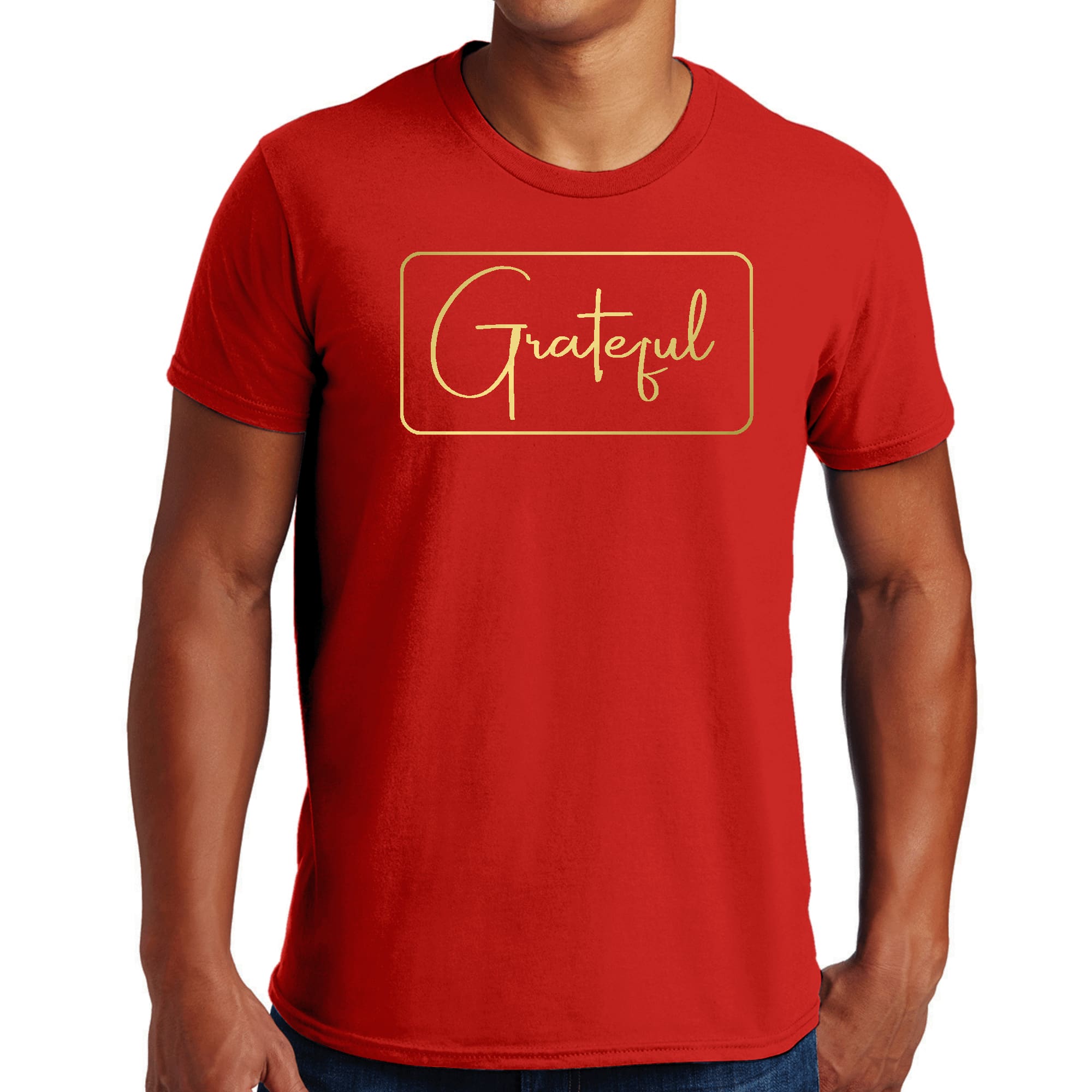 Men's Graphic T-shirt featuring a Grateful design with a metallic gold illustration on a black background, showcasing its stylish and comfortable fit.