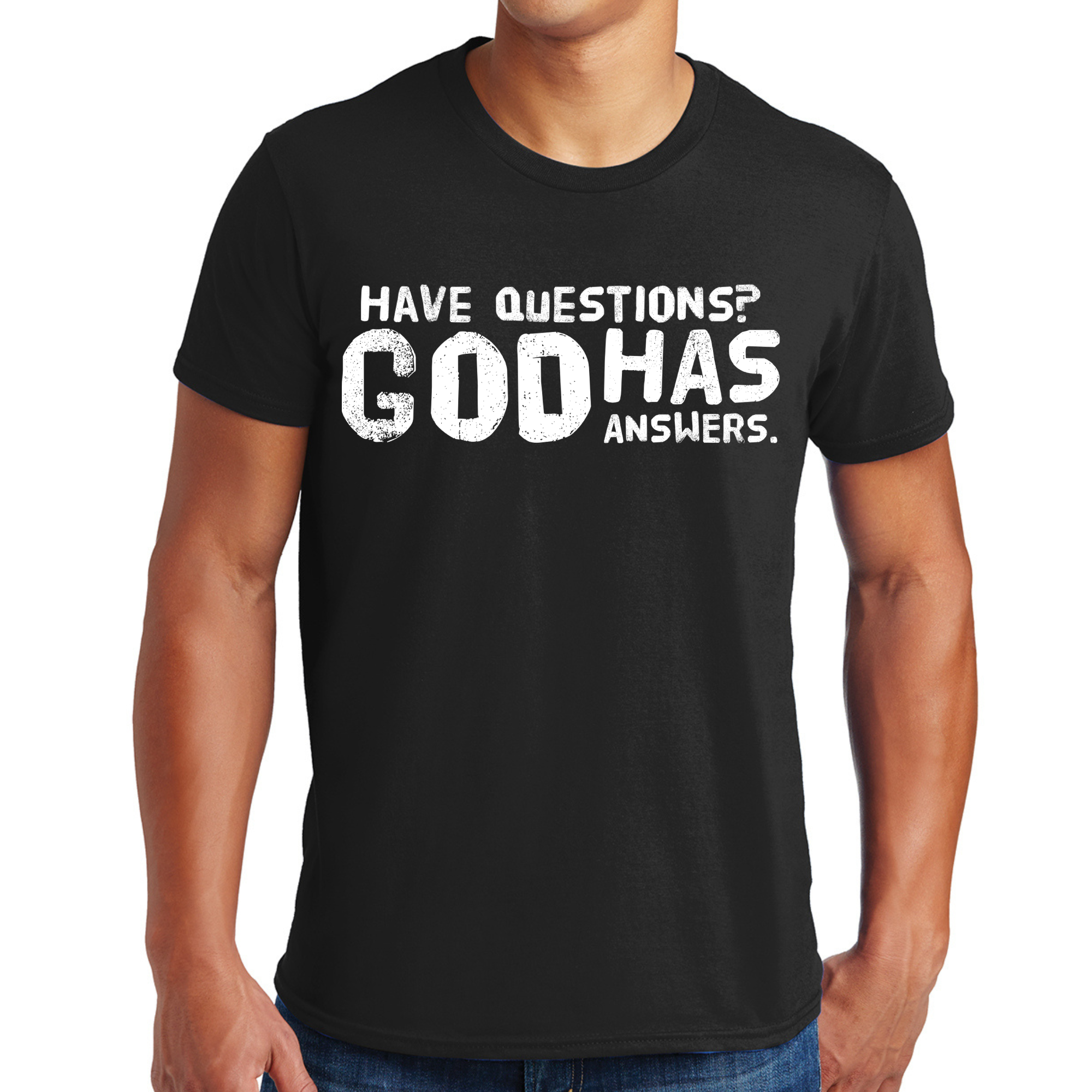 Men's Graphic T-shirt with 'Have Questions, God Has Answers' print, showcasing a comfortable fit and soft cotton fabric.