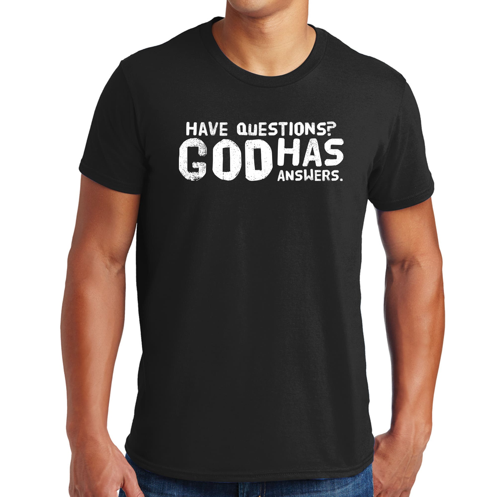 Men's Graphic T-shirt with 'Have Questions, God Has Answers' print, showcasing a comfortable fit and soft cotton fabric.