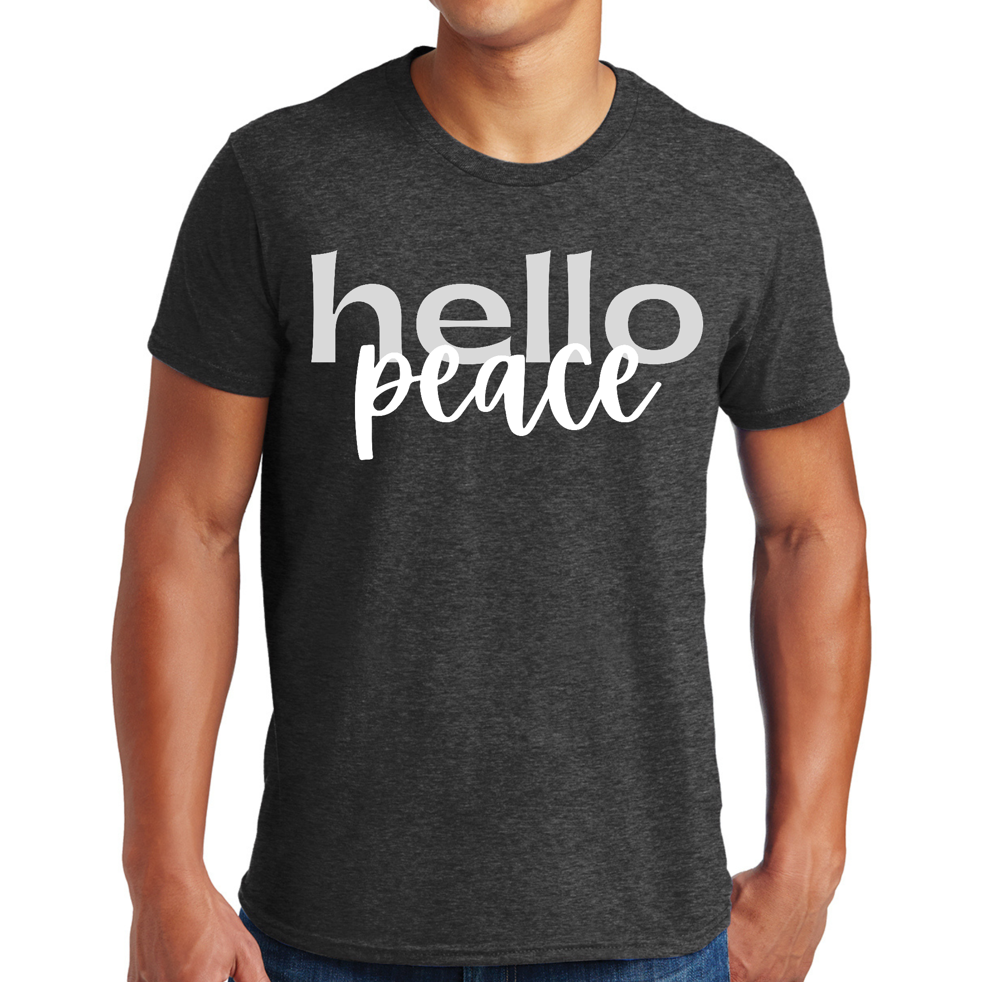 Men's Graphic T-shirt in grey and white featuring 'Hello Peace' motivational design, made from soft preshrunk cotton.