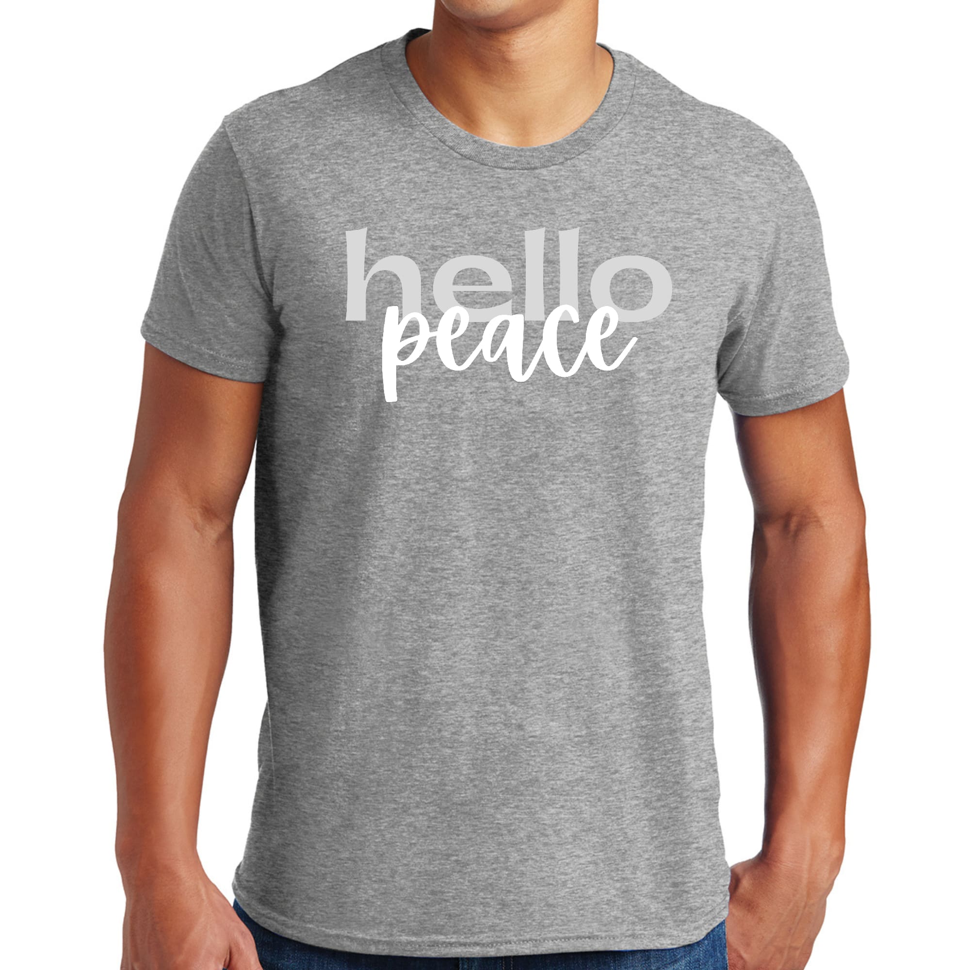 Men's Graphic T-shirt in grey and white featuring 'Hello Peace' motivational design, made from soft preshrunk cotton.