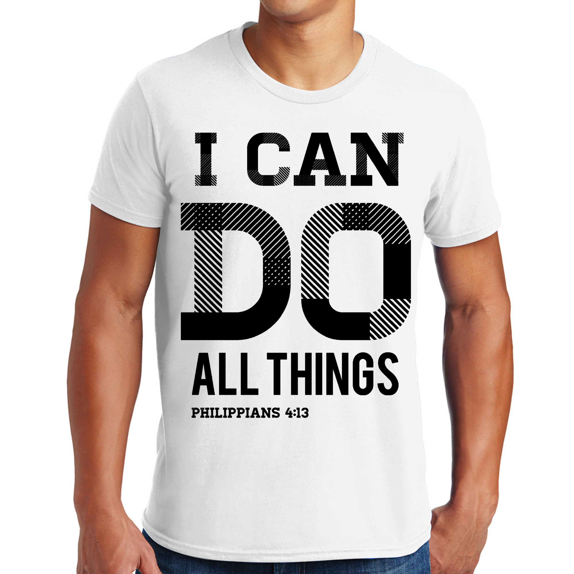 Men's black graphic T-shirt with Philippians 4:13 scripture print, showcasing a comfortable and stylish design.