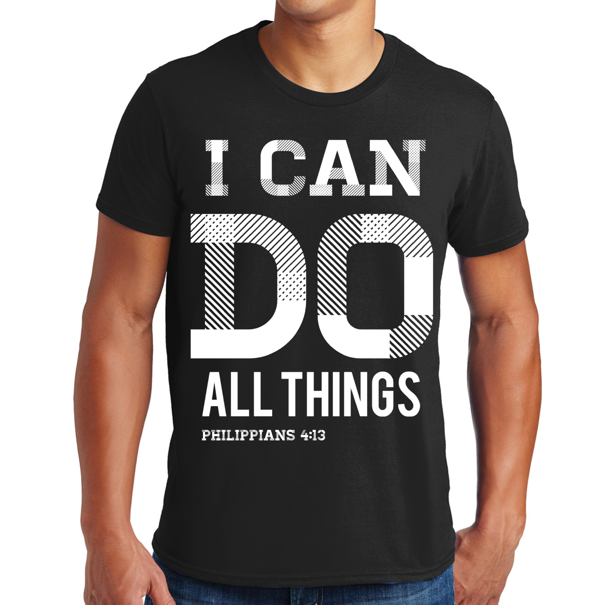 Men's Graphic T-shirt featuring Philippians 4:13 scripture print, made from soft preshrunk cotton with a classic fit.