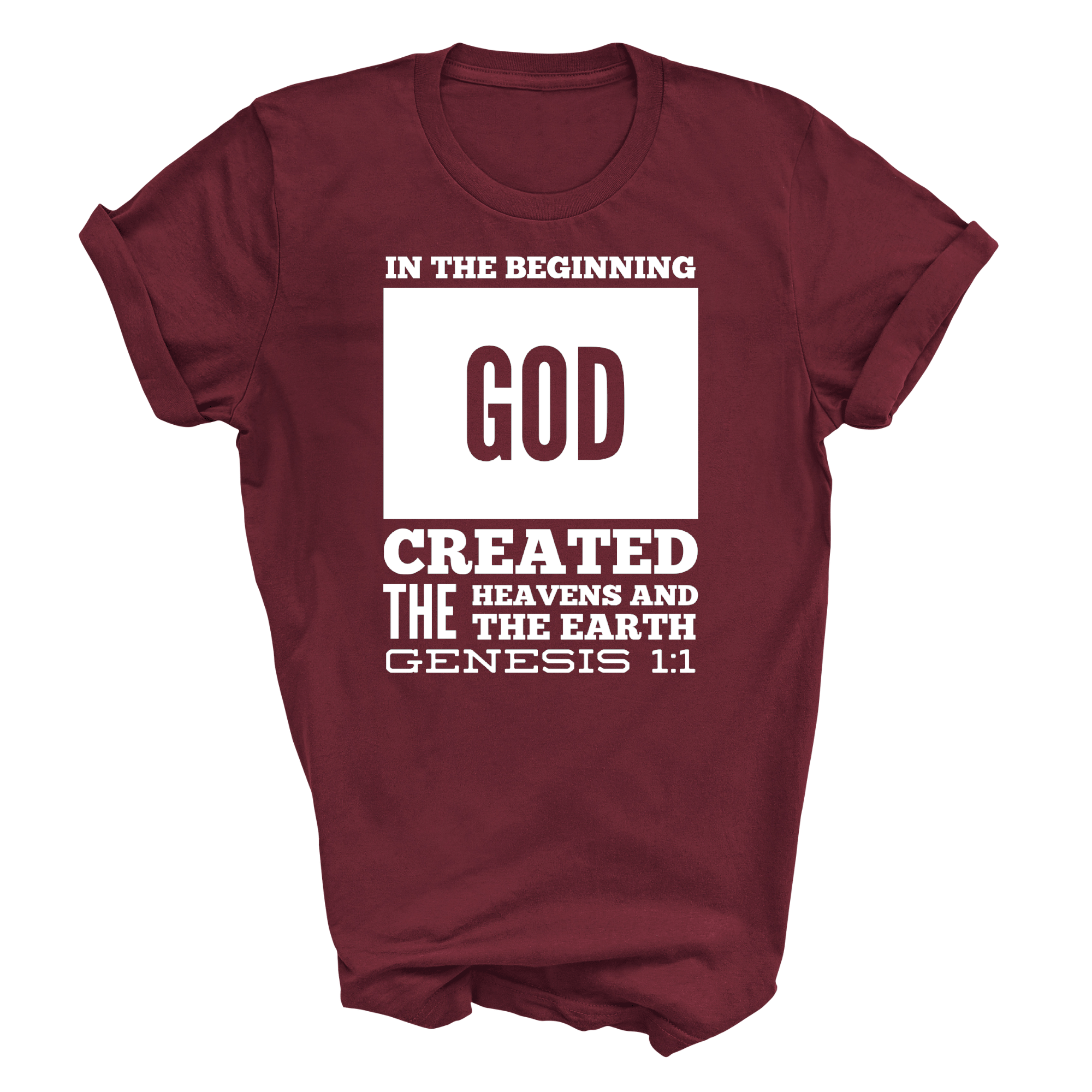 Mens Graphic T-shirt featuring 'In The Beginning' print, made from soft preshrunk cotton, displayed on a neutral background.