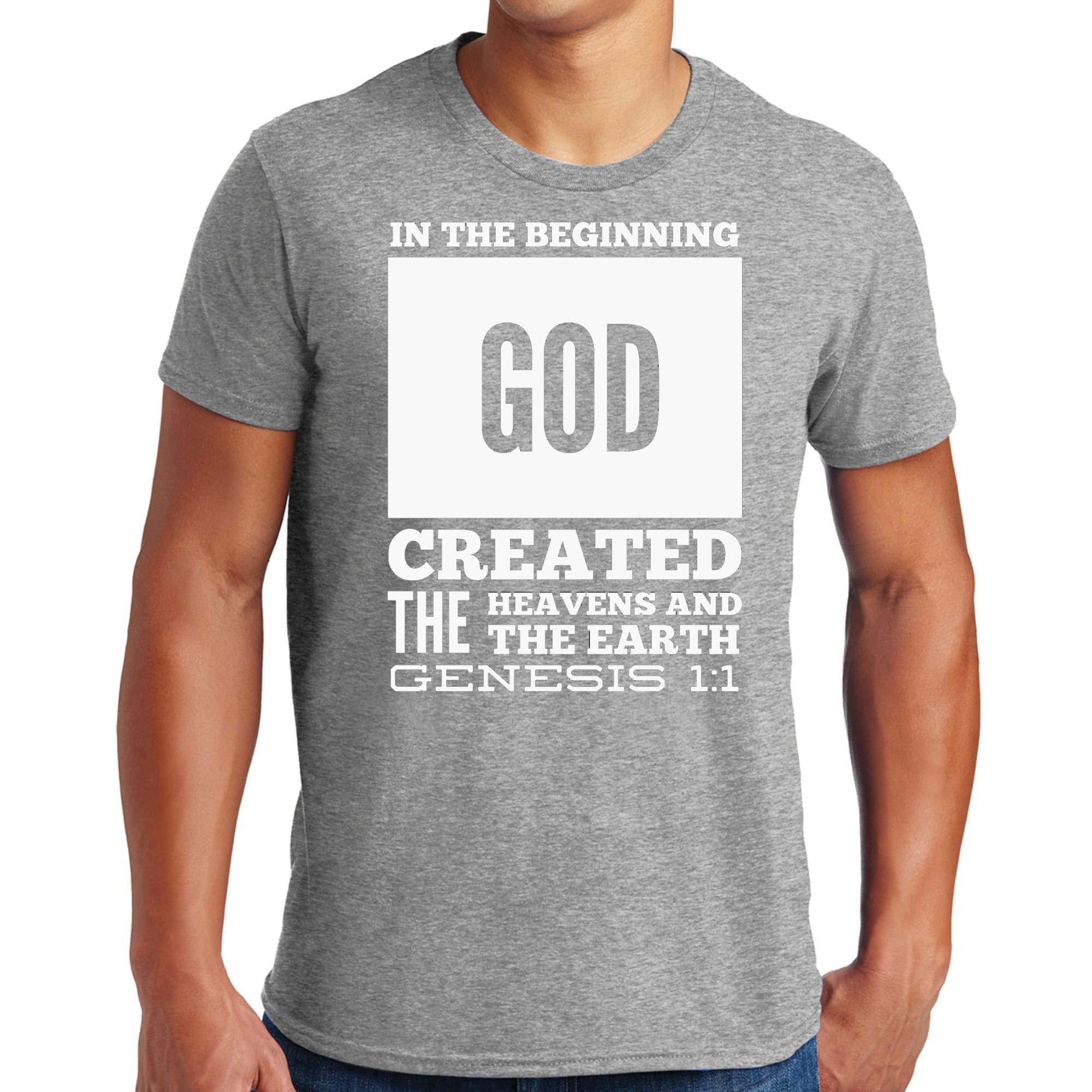 Mens Graphic T-shirt featuring 'In The Beginning' print, made from soft preshrunk cotton, displayed on a neutral background.