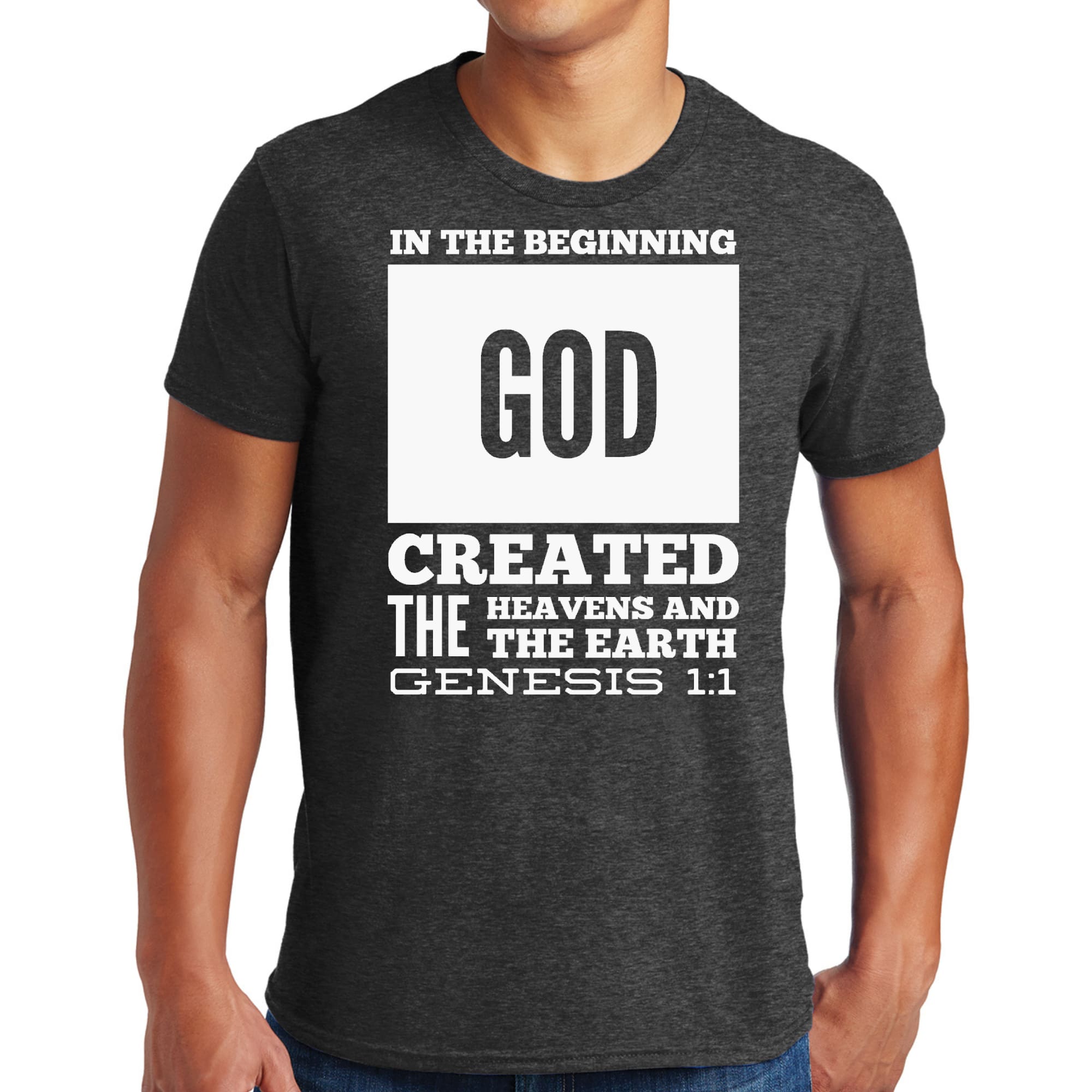 Mens Graphic T-shirt featuring 'In The Beginning' print, made from soft preshrunk cotton, displayed on a neutral background.