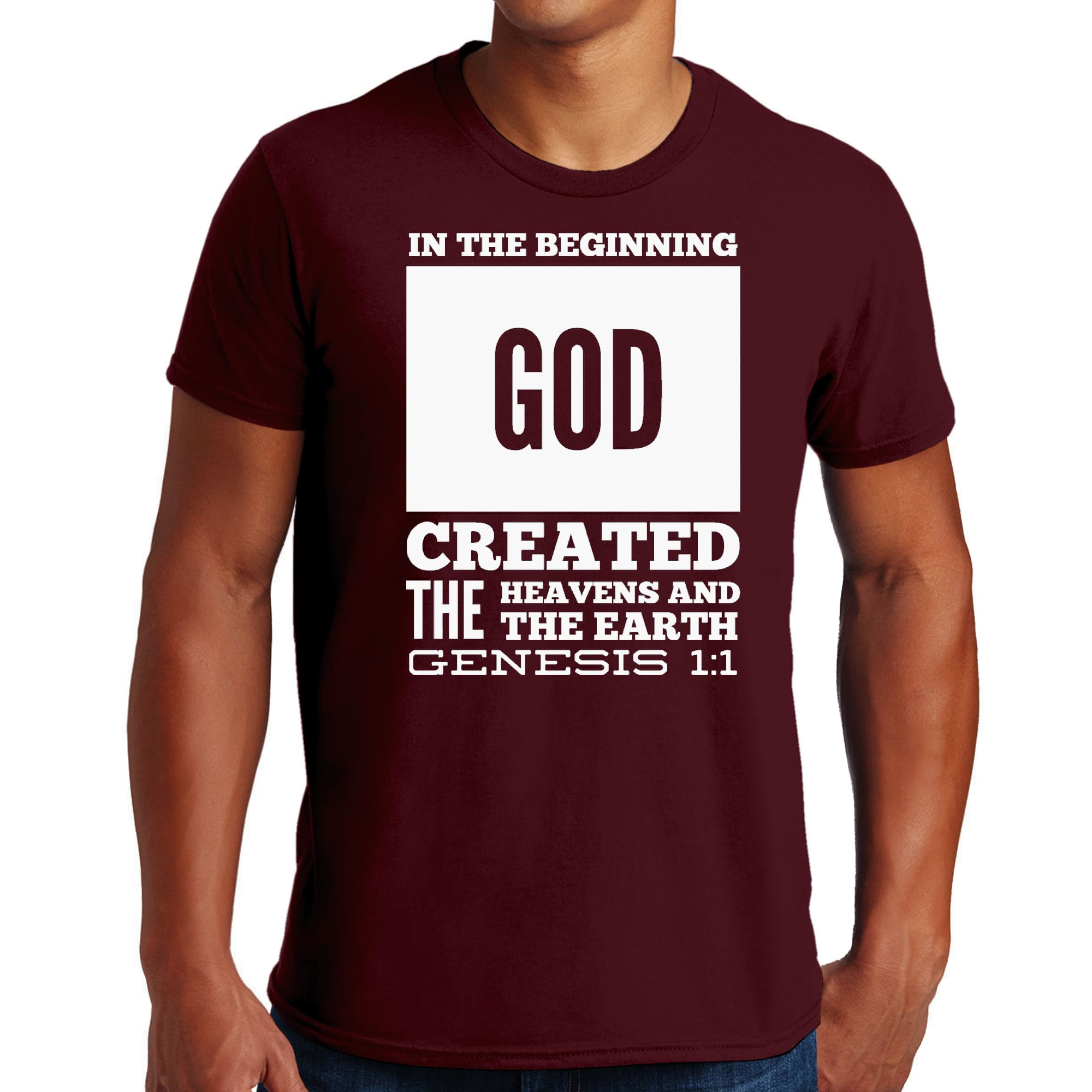 Mens Graphic T-shirt featuring 'In The Beginning' print, made from soft preshrunk cotton, displayed on a neutral background.