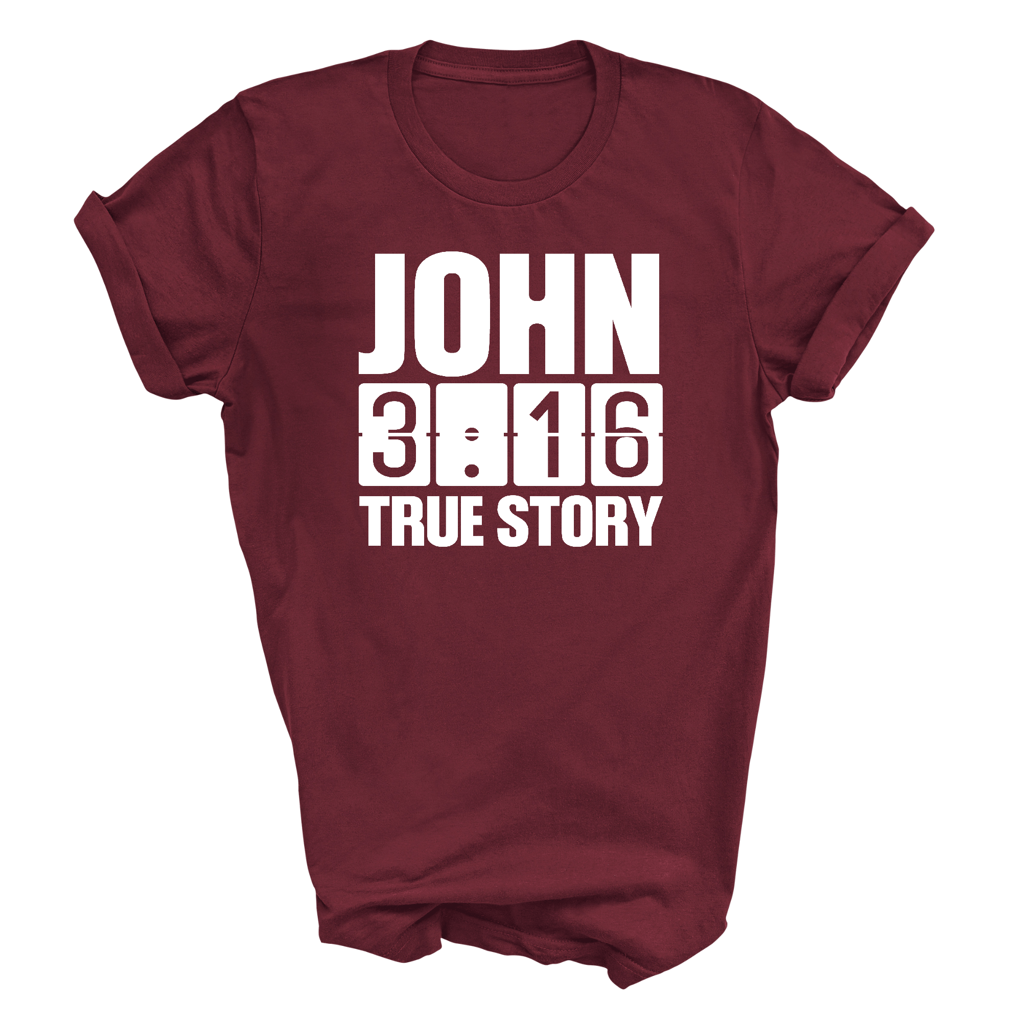 Men's Graphic T-shirt in black featuring John 3:16 True Story print, made from soft preshrunk cotton.