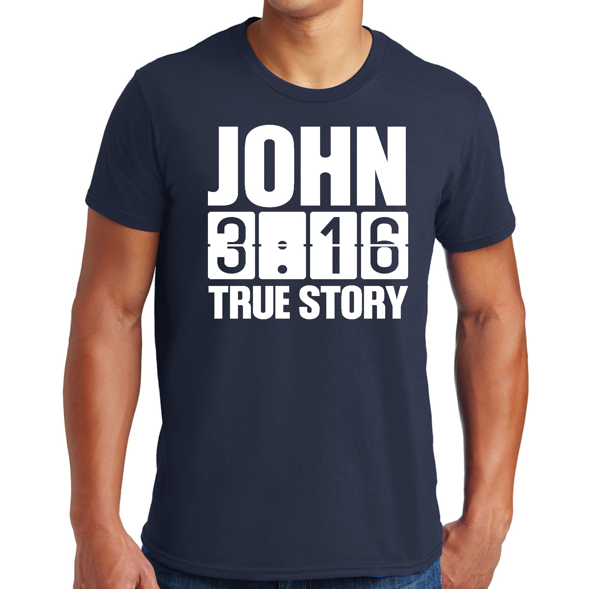 Men's Graphic T-shirt in black featuring John 3:16 True Story print, made from soft preshrunk cotton.