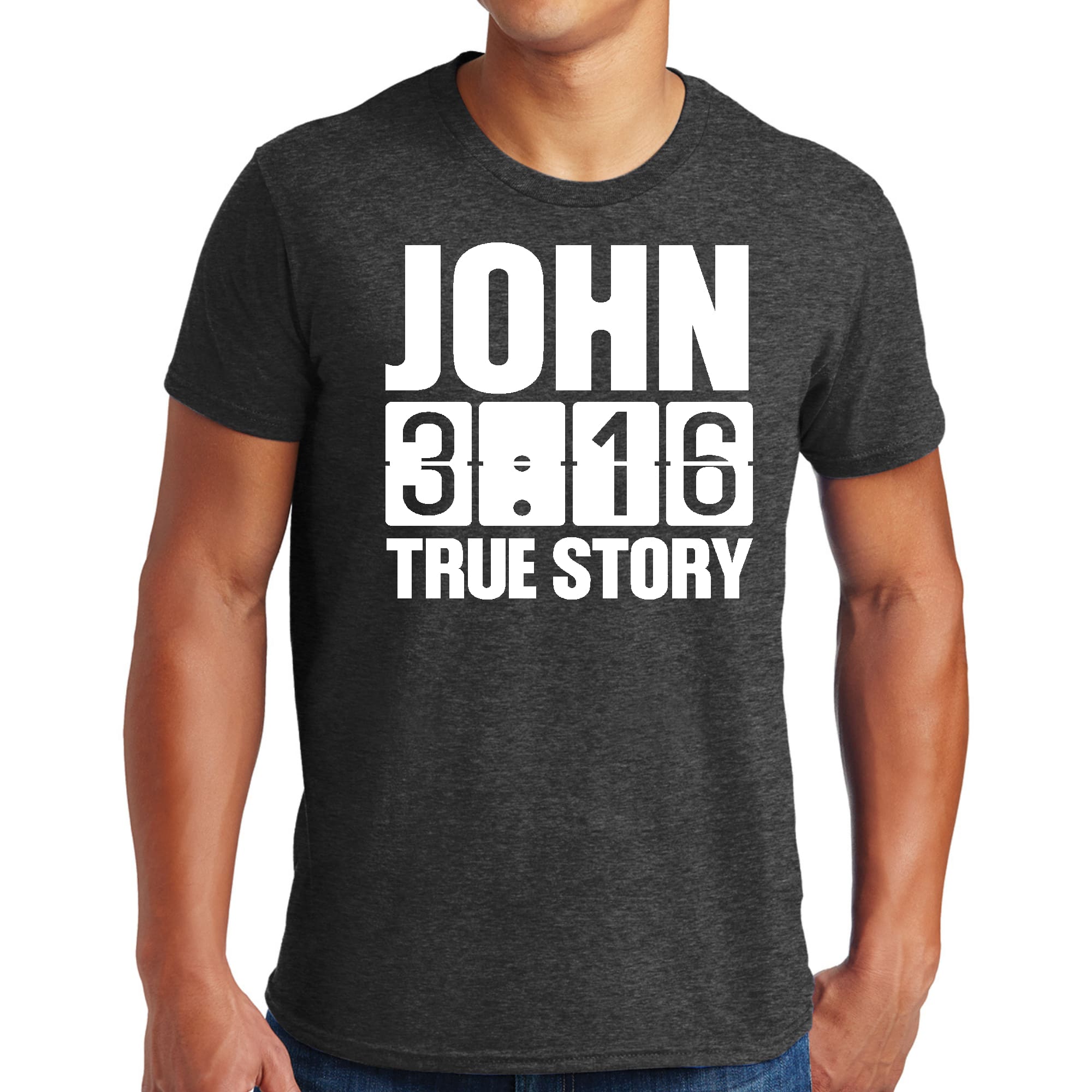 Men's Graphic T-shirt in black featuring John 3:16 True Story print, made from soft preshrunk cotton.