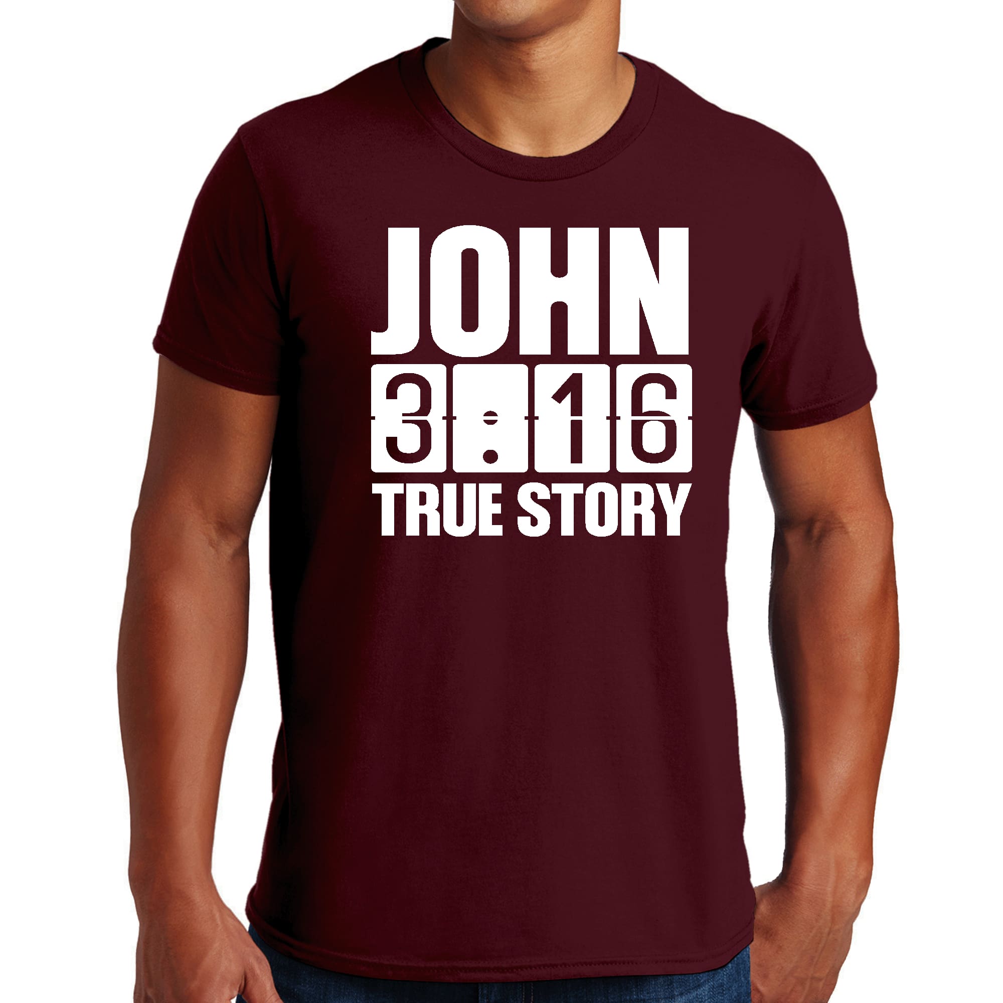 Men's Graphic T-shirt in black featuring John 3:16 True Story print, made from soft preshrunk cotton.