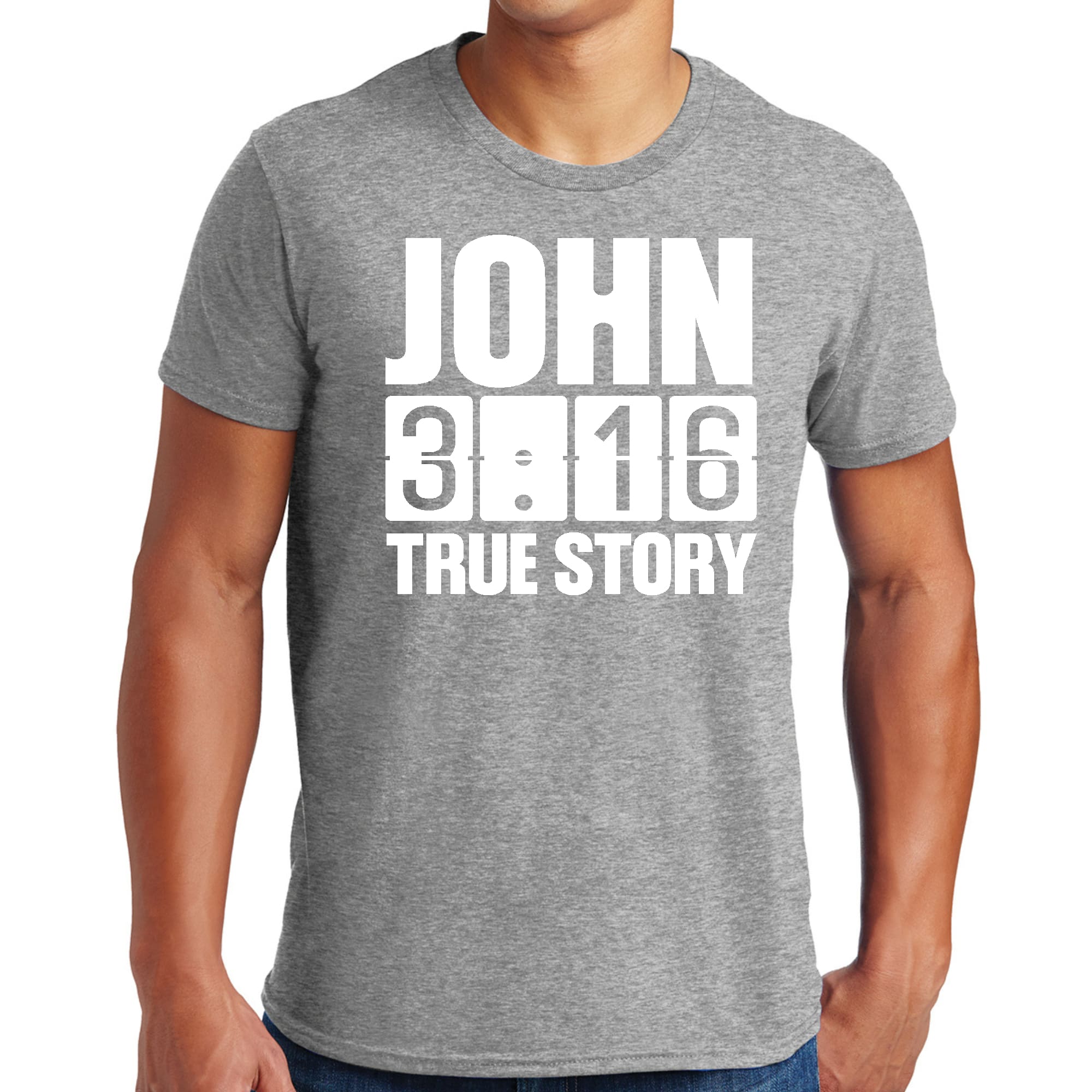 Men's Graphic T-shirt in black featuring John 3:16 True Story print, made from soft preshrunk cotton.