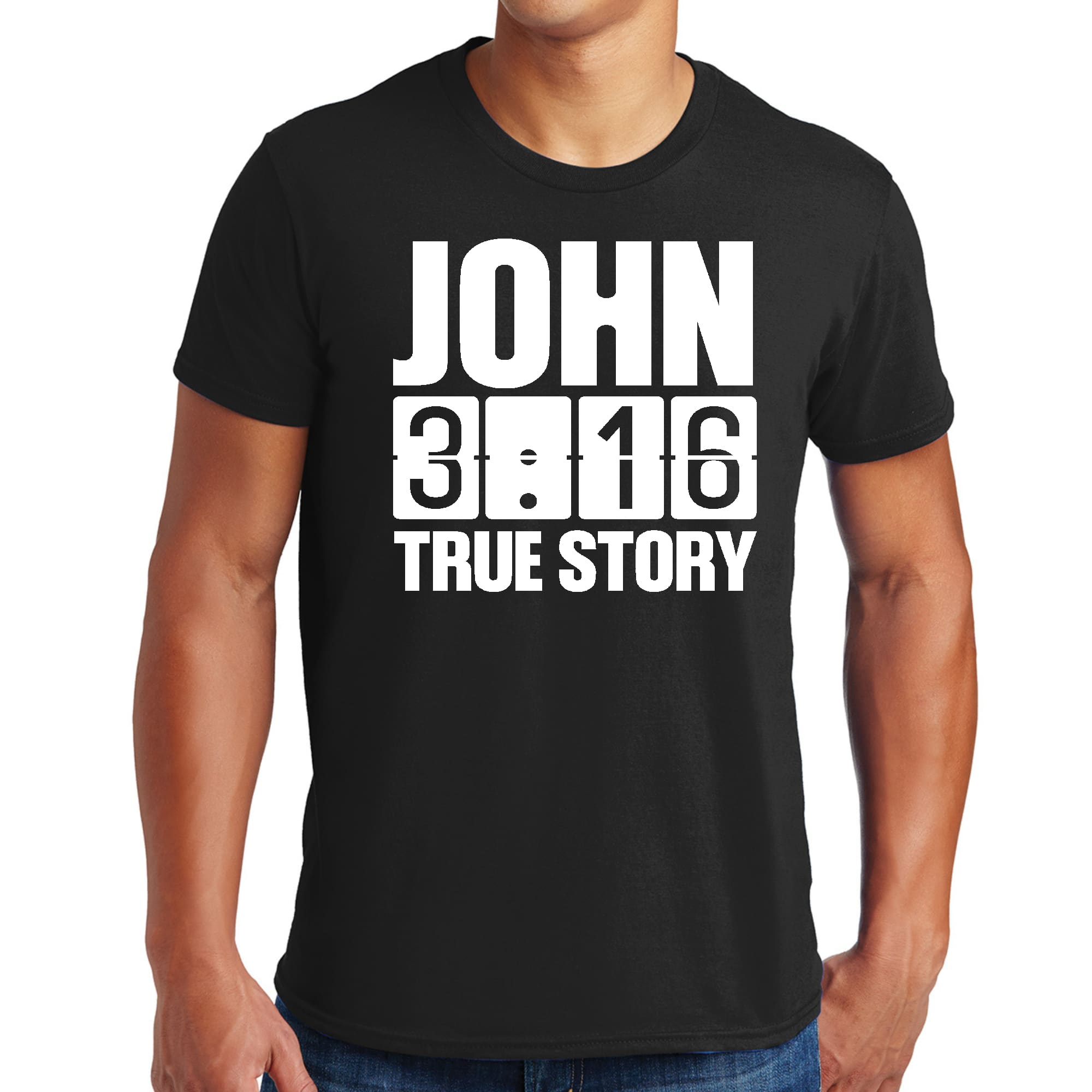 Men's Graphic T-shirt in black featuring John 3:16 True Story print, made from soft preshrunk cotton.