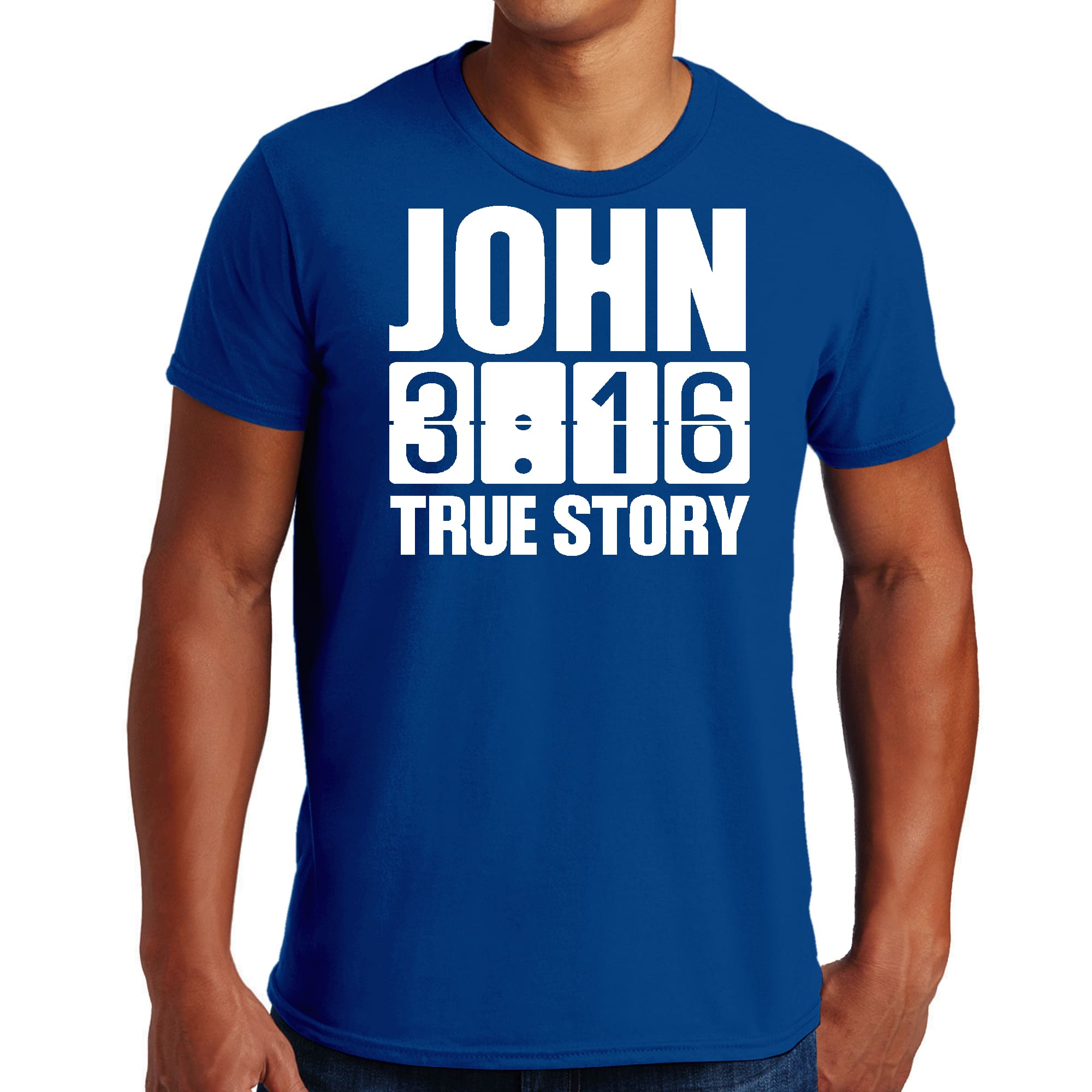 Men's Graphic T-shirt in black featuring John 3:16 True Story print, made from soft preshrunk cotton.