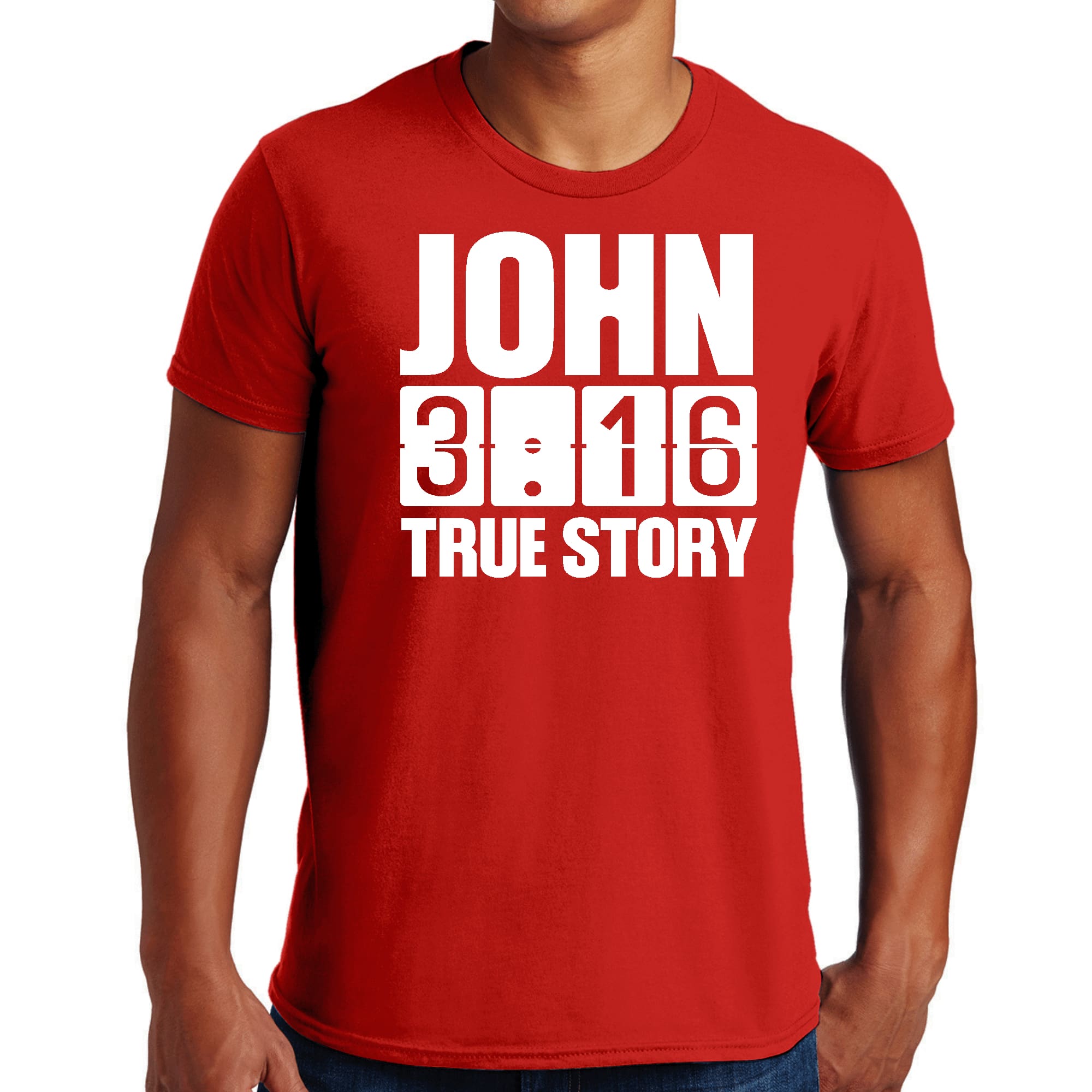 Men's Graphic T-shirt in black featuring John 3:16 True Story print, made from soft preshrunk cotton.