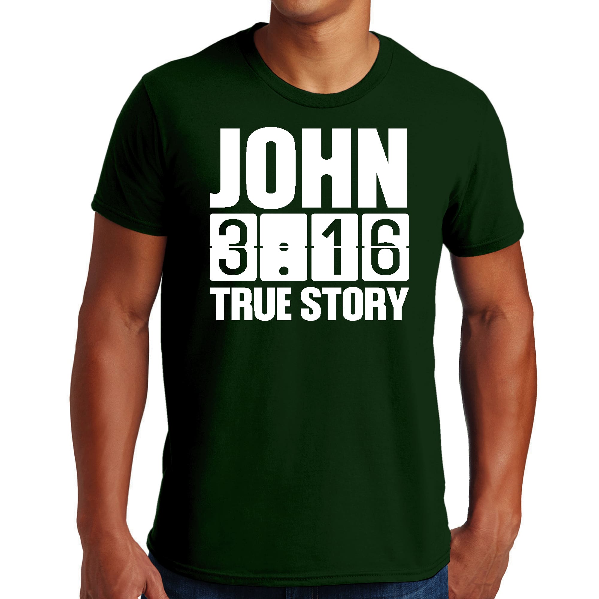 Men's Graphic T-shirt in black featuring John 3:16 True Story print, made from soft preshrunk cotton.