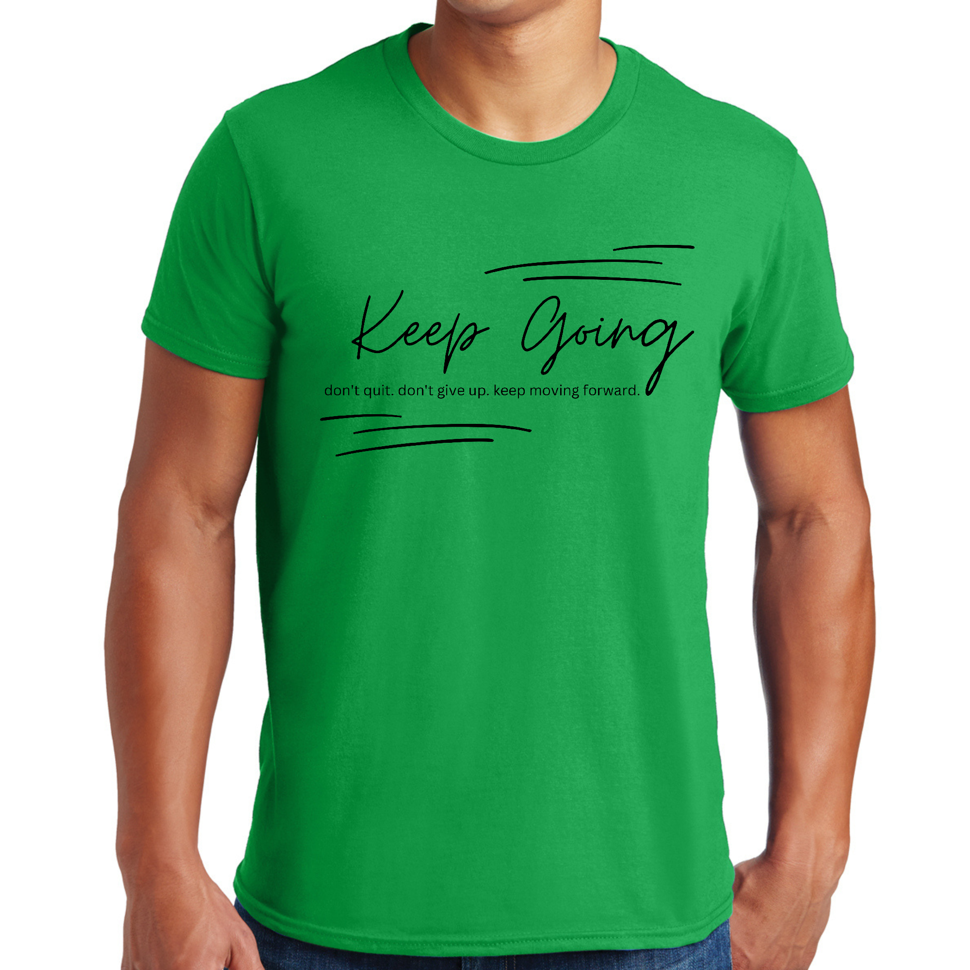 Men's black graphic T-shirt featuring 'Keep Going Don't Give Up' inspirational message, made from soft preshrunk cotton.