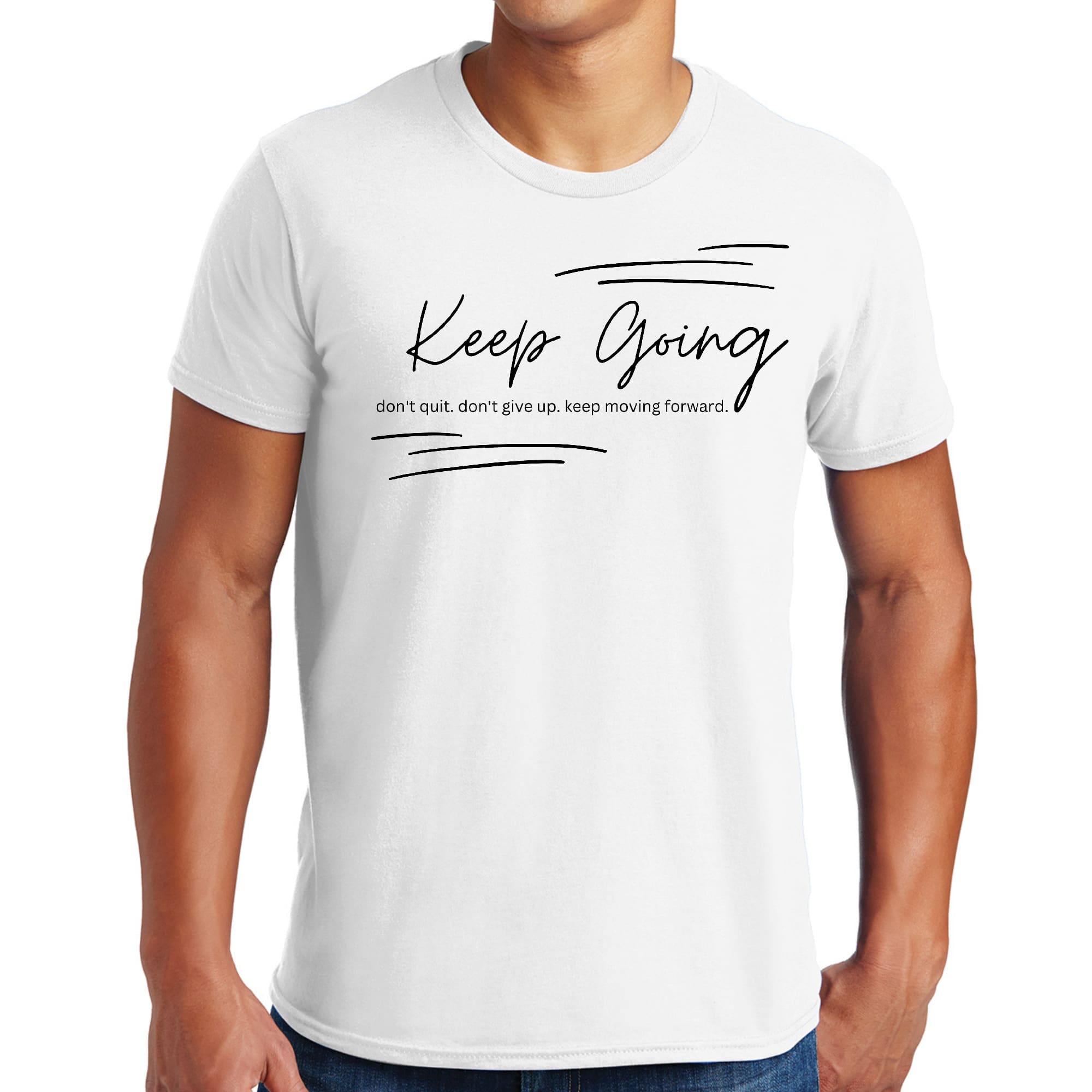 Men's black graphic T-shirt featuring 'Keep Going Don't Give Up' inspirational message, made from soft preshrunk cotton.