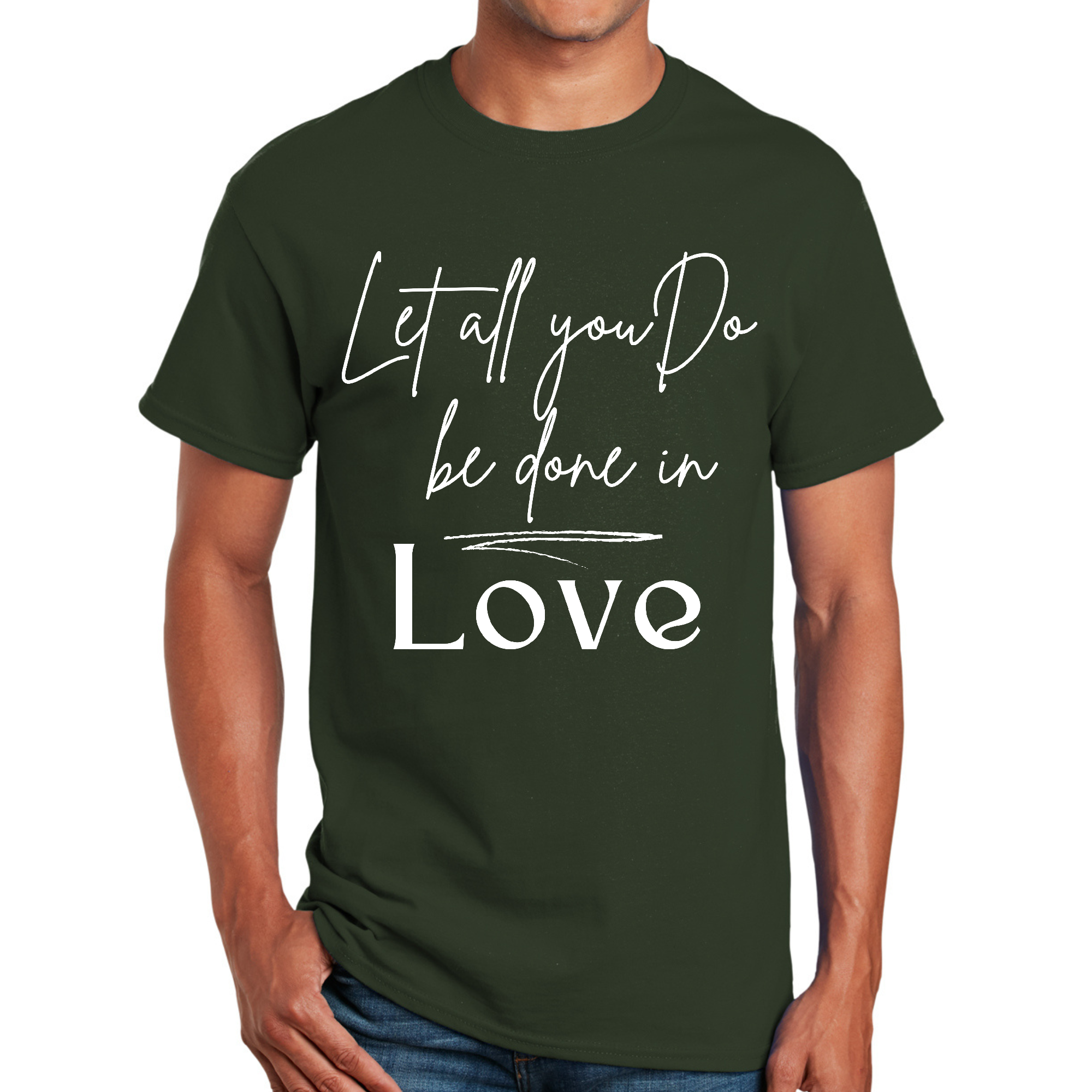 Men's Graphic T-shirt featuring the quote 'Let All You Do Be Done in Love', made from soft preshrunk cotton with a classic fit.