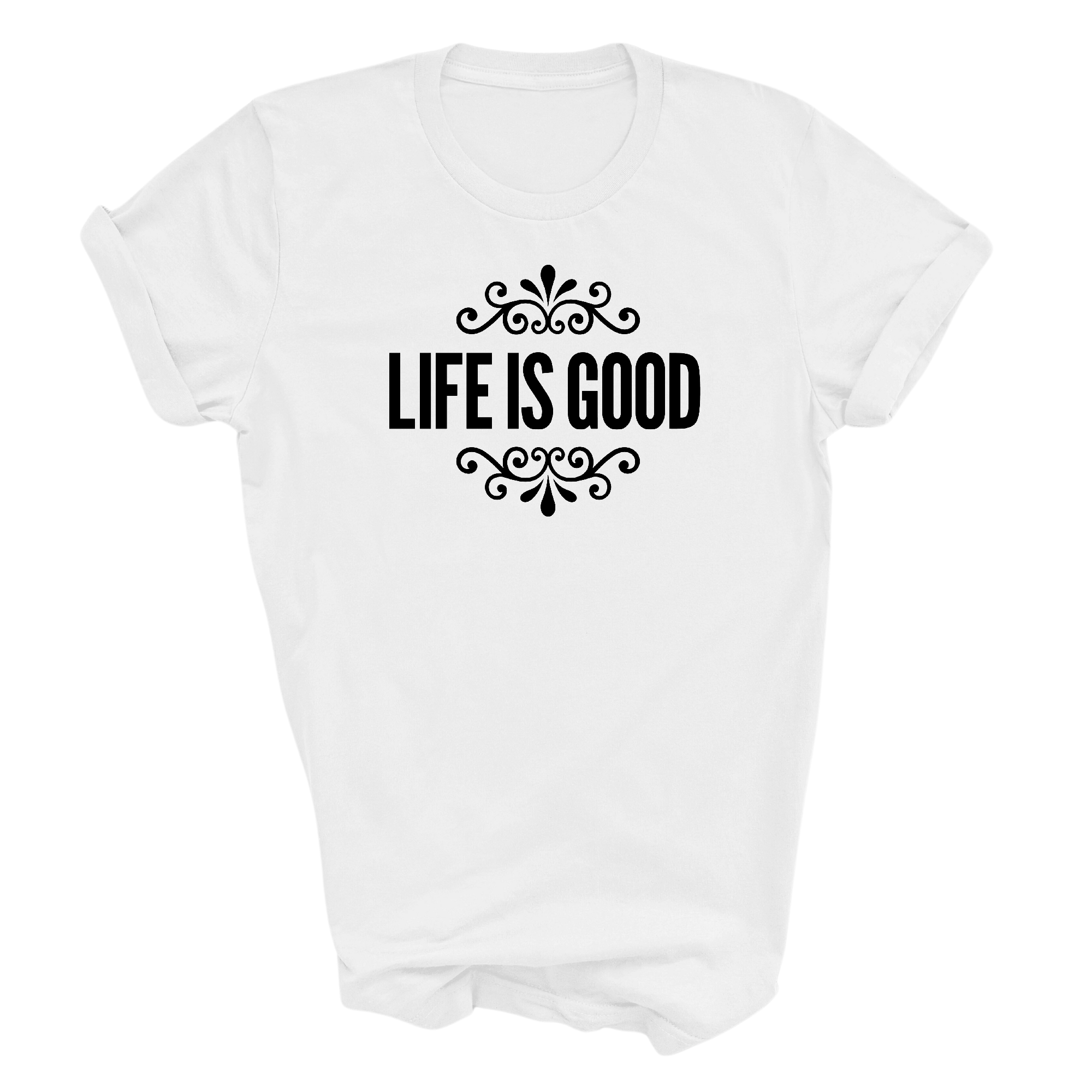 Men's black graphic t-shirt featuring Life is Good word art illustration, made from soft preshrunk cotton for comfort.