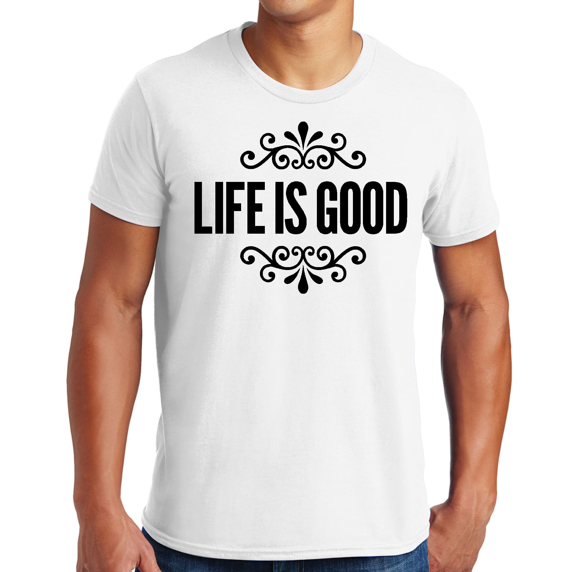 Men's black graphic t-shirt featuring Life is Good word art illustration, made from soft preshrunk cotton for comfort.