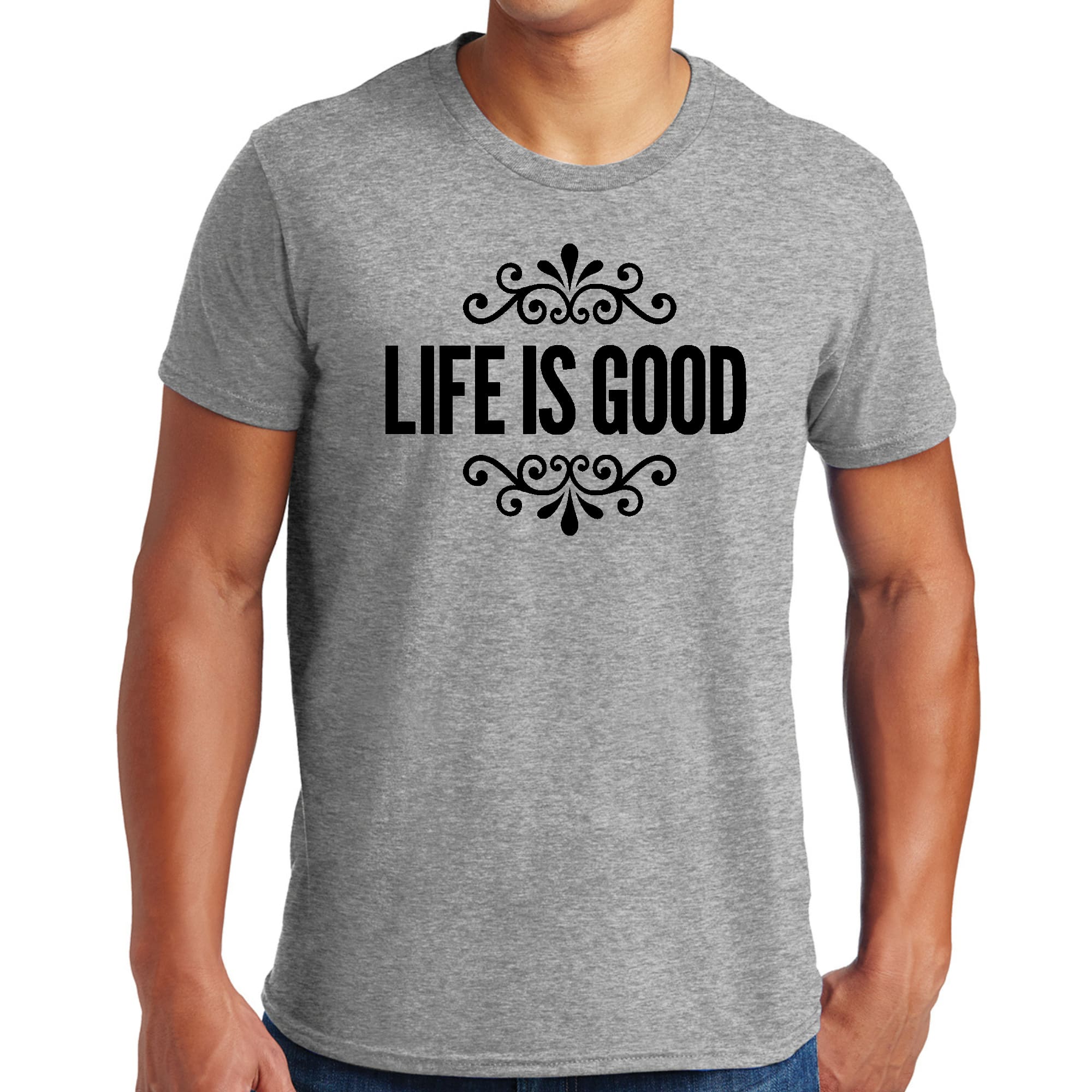 Men's black graphic t-shirt featuring Life is Good word art illustration, made from soft preshrunk cotton for comfort.